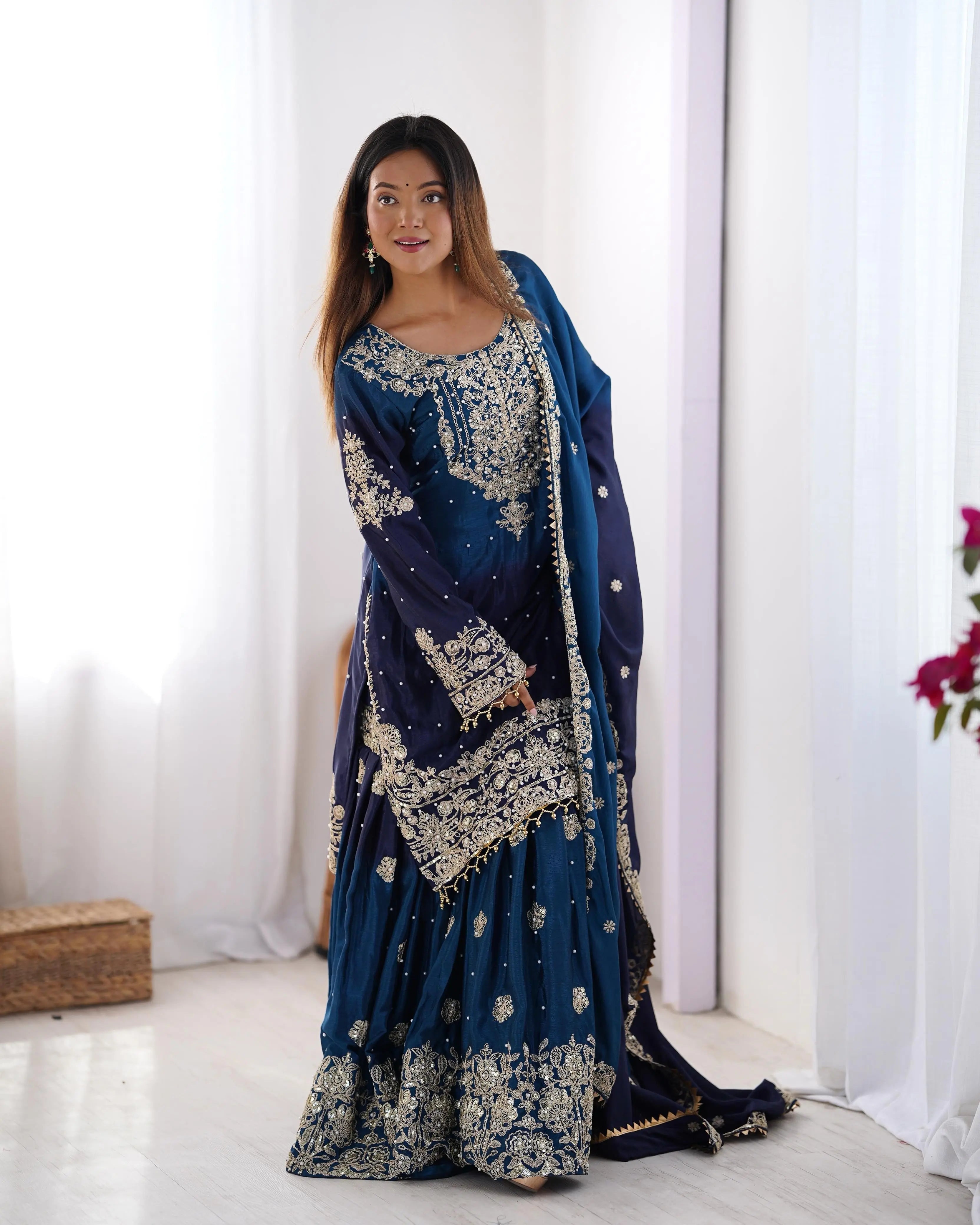 Chinon Silk Real Moti work with Sequence hand embroidery work Kurti Sharara Dupatta Set (Fully Stitched)