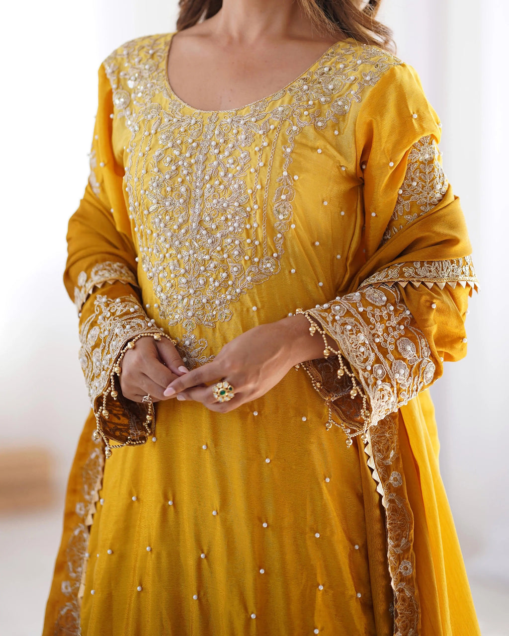 Chinon Silk Real Moti work with Sequence hand embroidery work Kurti Sharara Dupatta Set (Fully Stitched)