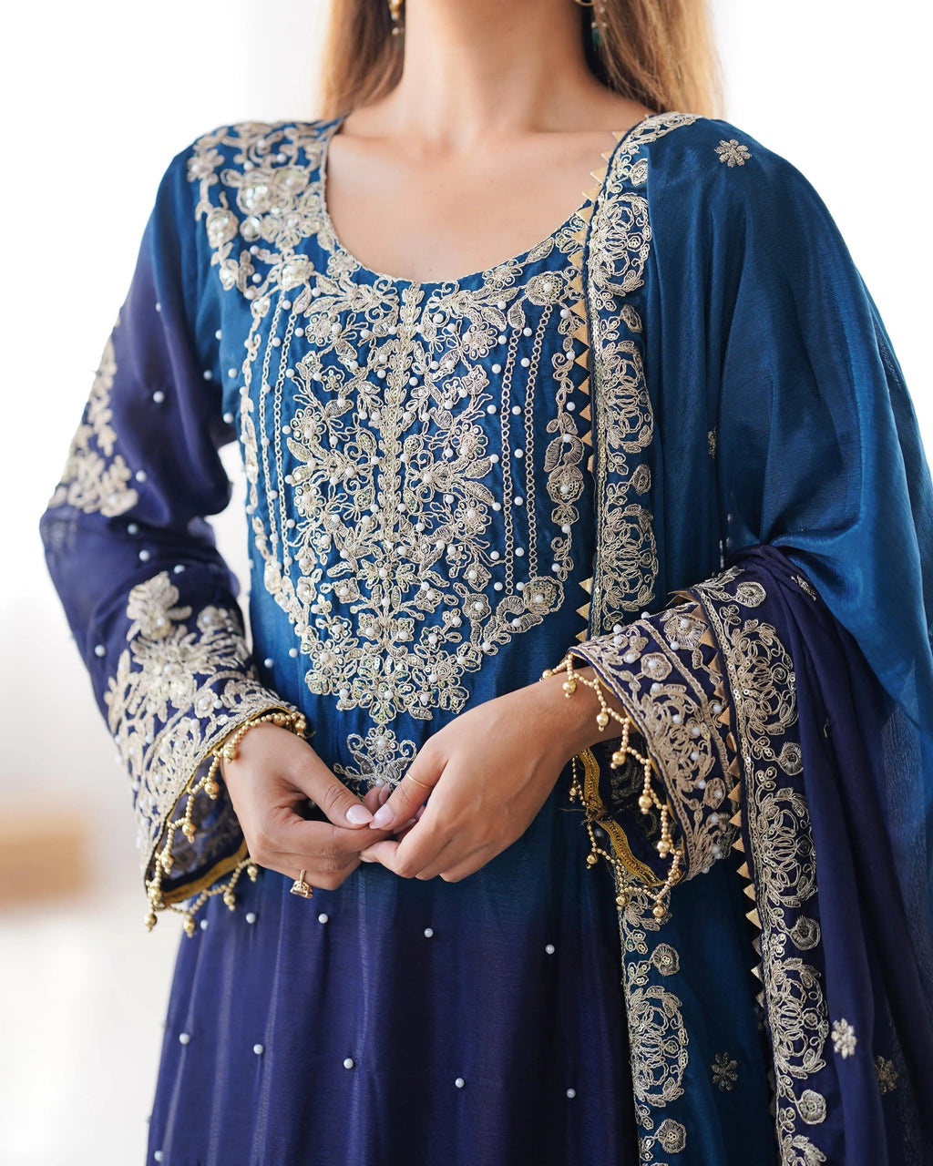 Chinon Silk Real Moti work with Sequence hand embroidery work Kurti Sharara Dupatta Set (Fully Stitched)