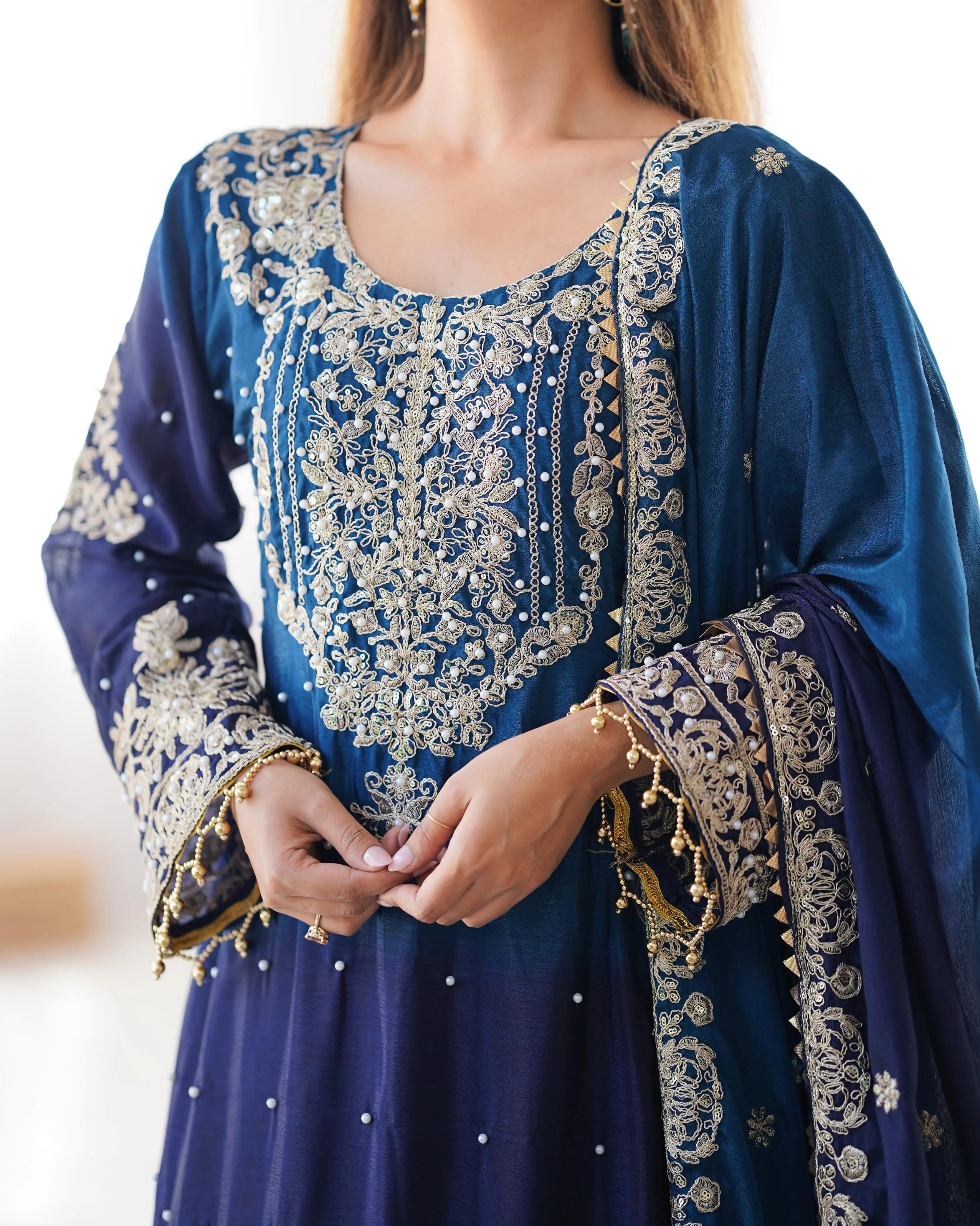 Chinon Silk Real Moti work with Sequence hand embroidery work Kurti Sharara Dupatta Set (Fully Stitched)