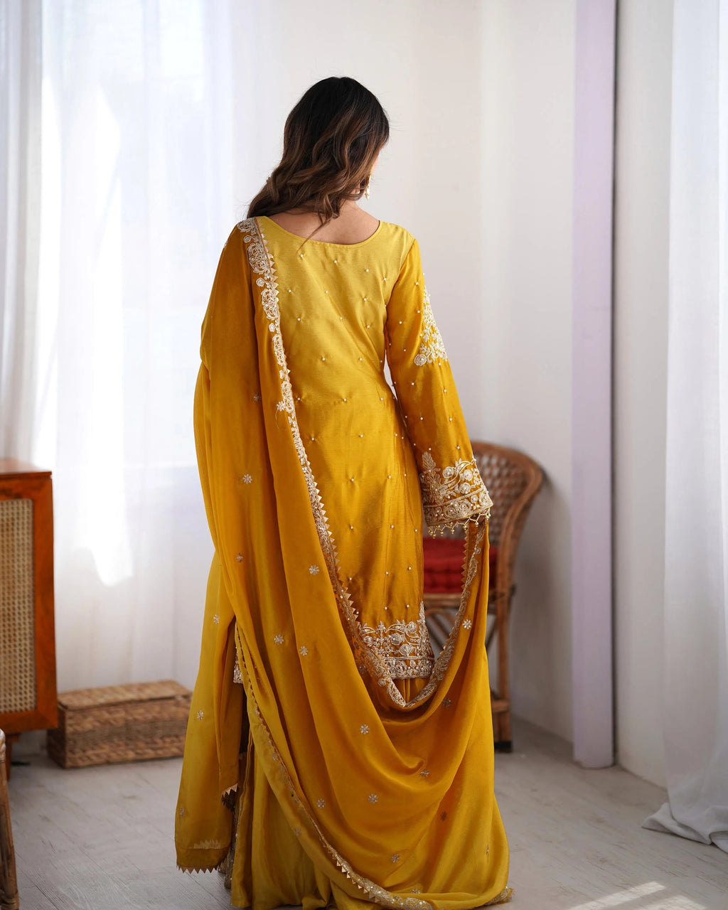 Chinon Silk Real Moti work with Sequence hand embroidery work Kurti Sharara Dupatta Set (Fully Stitched)