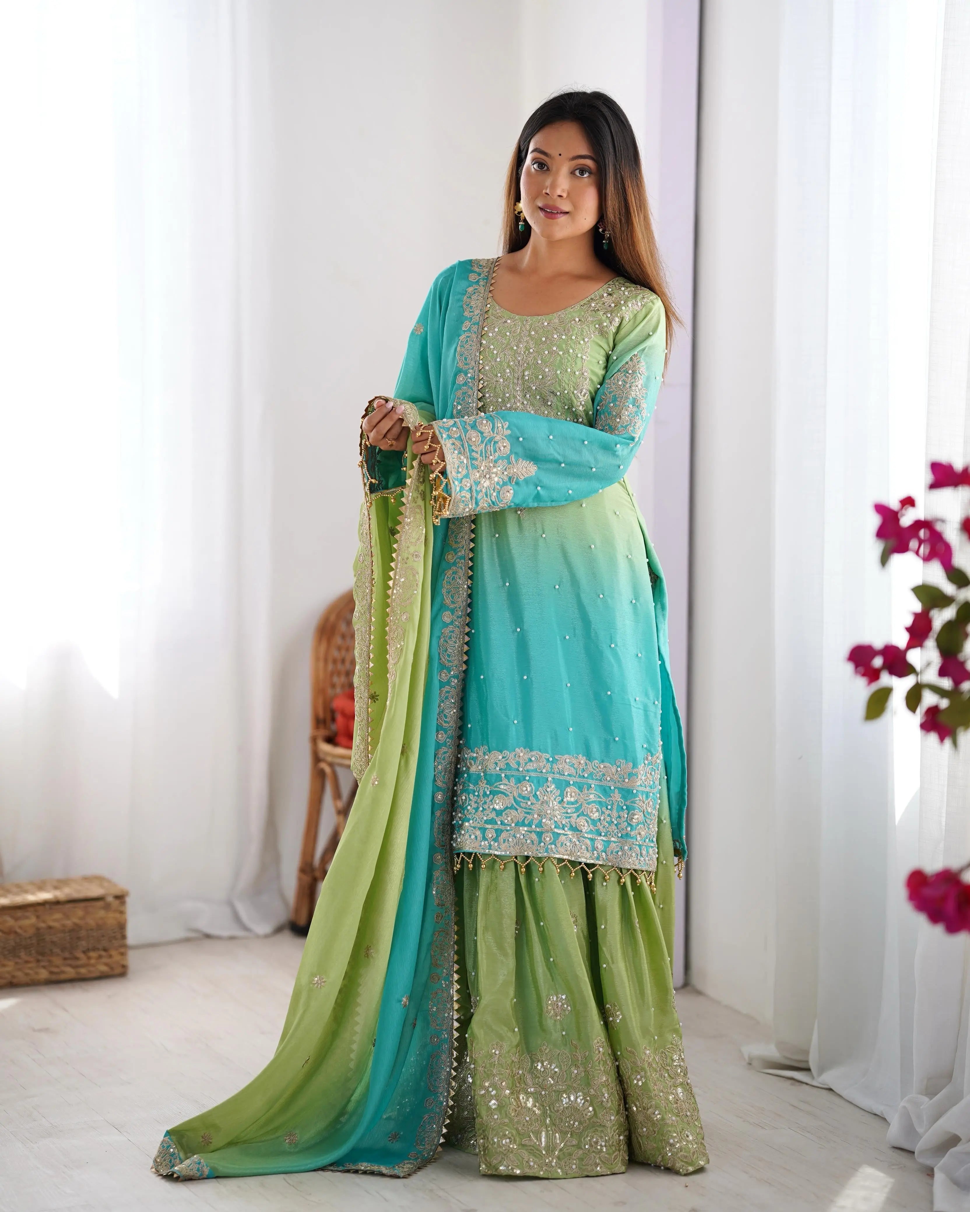 Chinon Silk Real Moti work with Sequence hand embroidery work Kurti Sharara Dupatta Set (Fully Stitched)