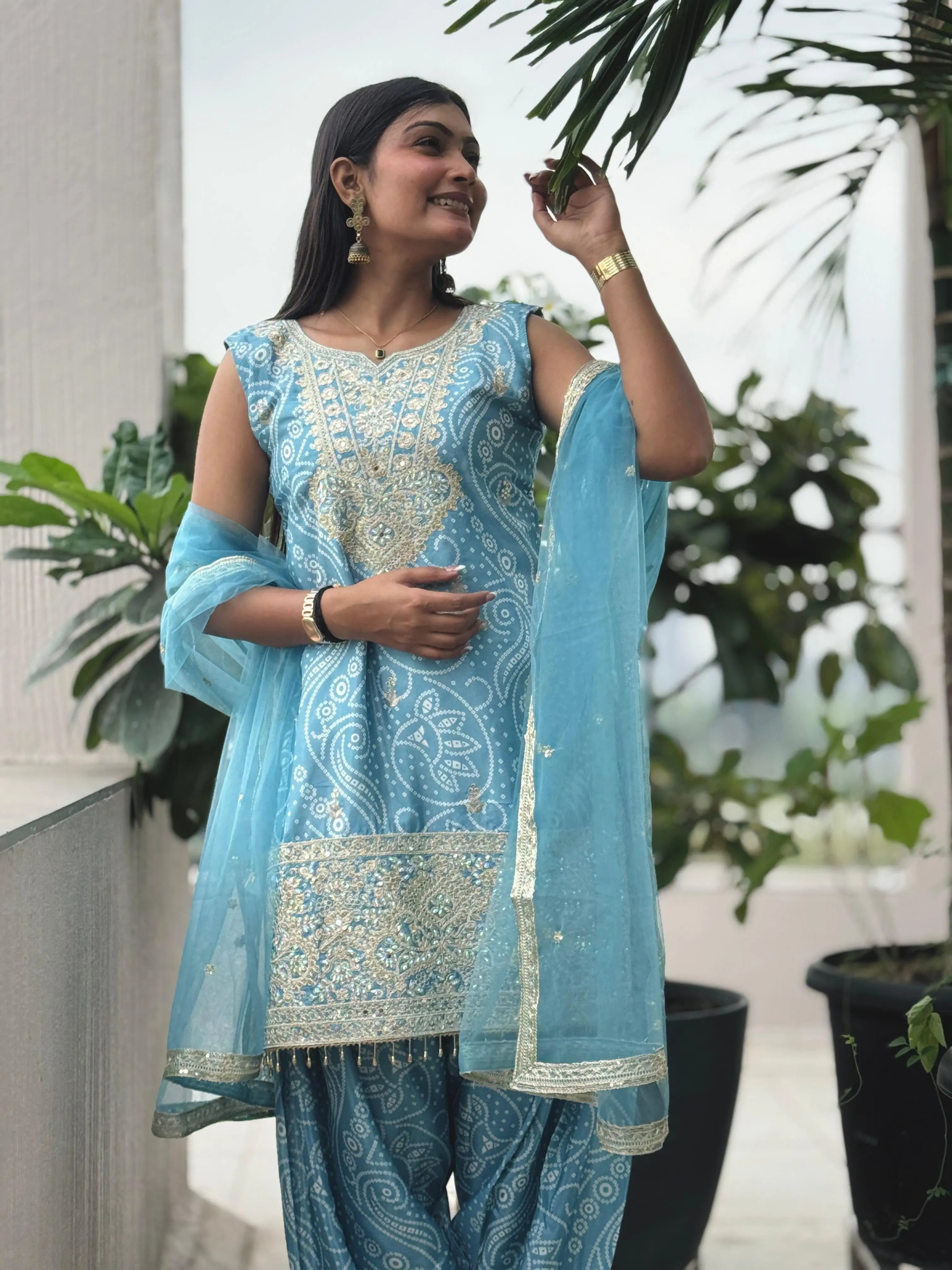 Chinon Silk Sequence Embroidery Work Bandhani Print Kurti Dhoti Pant Dupatta Set (Ready to Wear)