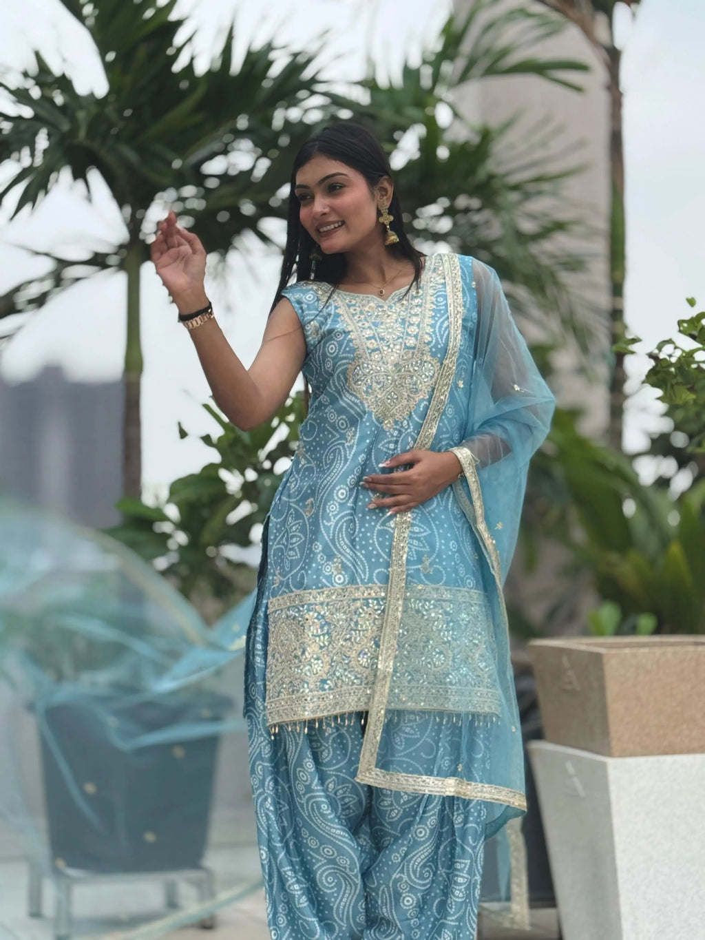 Chinon Silk Sequence Embroidery Work Bandhani Print Kurti Dhoti Pant Dupatta Set (Ready to Wear)