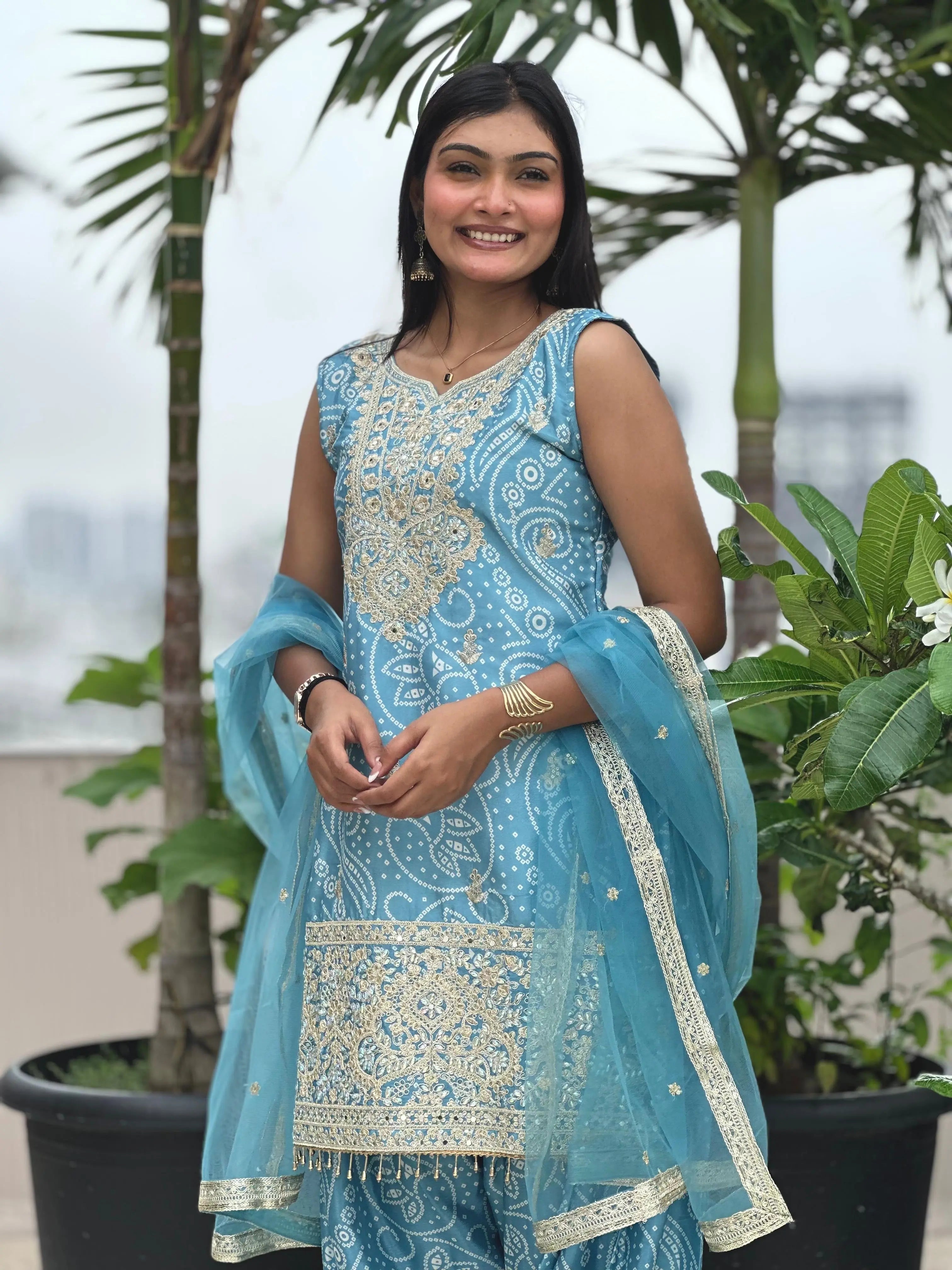 Chinon Silk Sequence Embroidery Work Bandhani Print Kurti Dhoti Pant Dupatta Set (Ready to Wear)