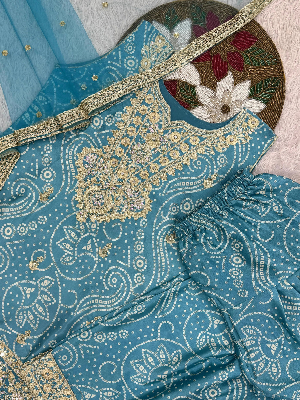 Chinon Silk Sequence Embroidery Work Bandhani Print Kurti Dhoti Pant Dupatta Set (Ready to Wear)