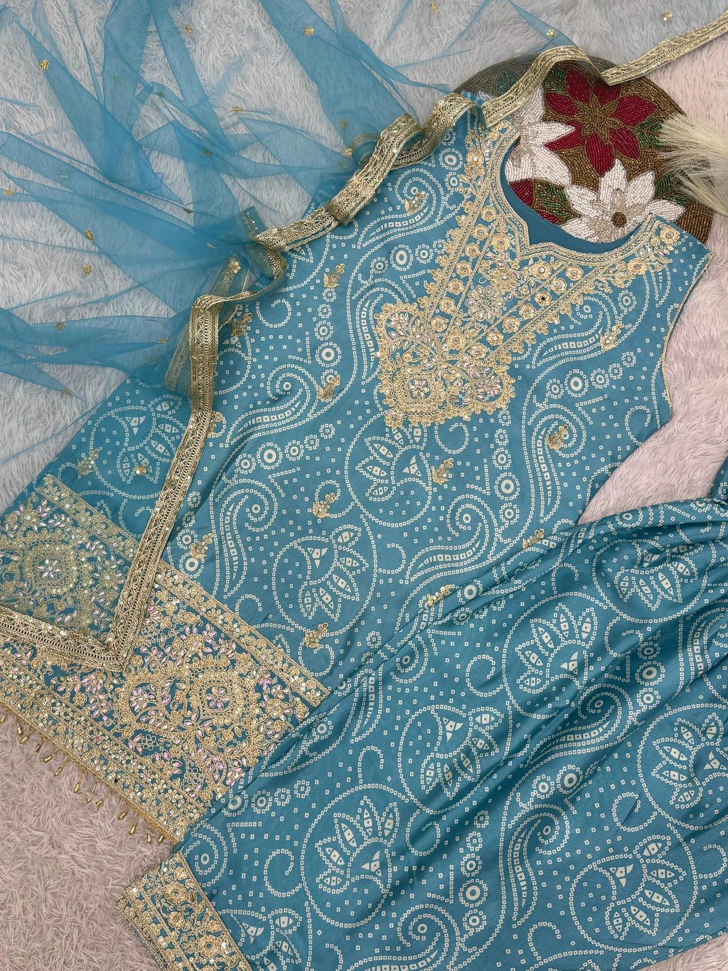 Chinon Silk Sequence Embroidery Work Bandhani Print Kurti Dhoti Pant Dupatta Set (Ready to Wear)