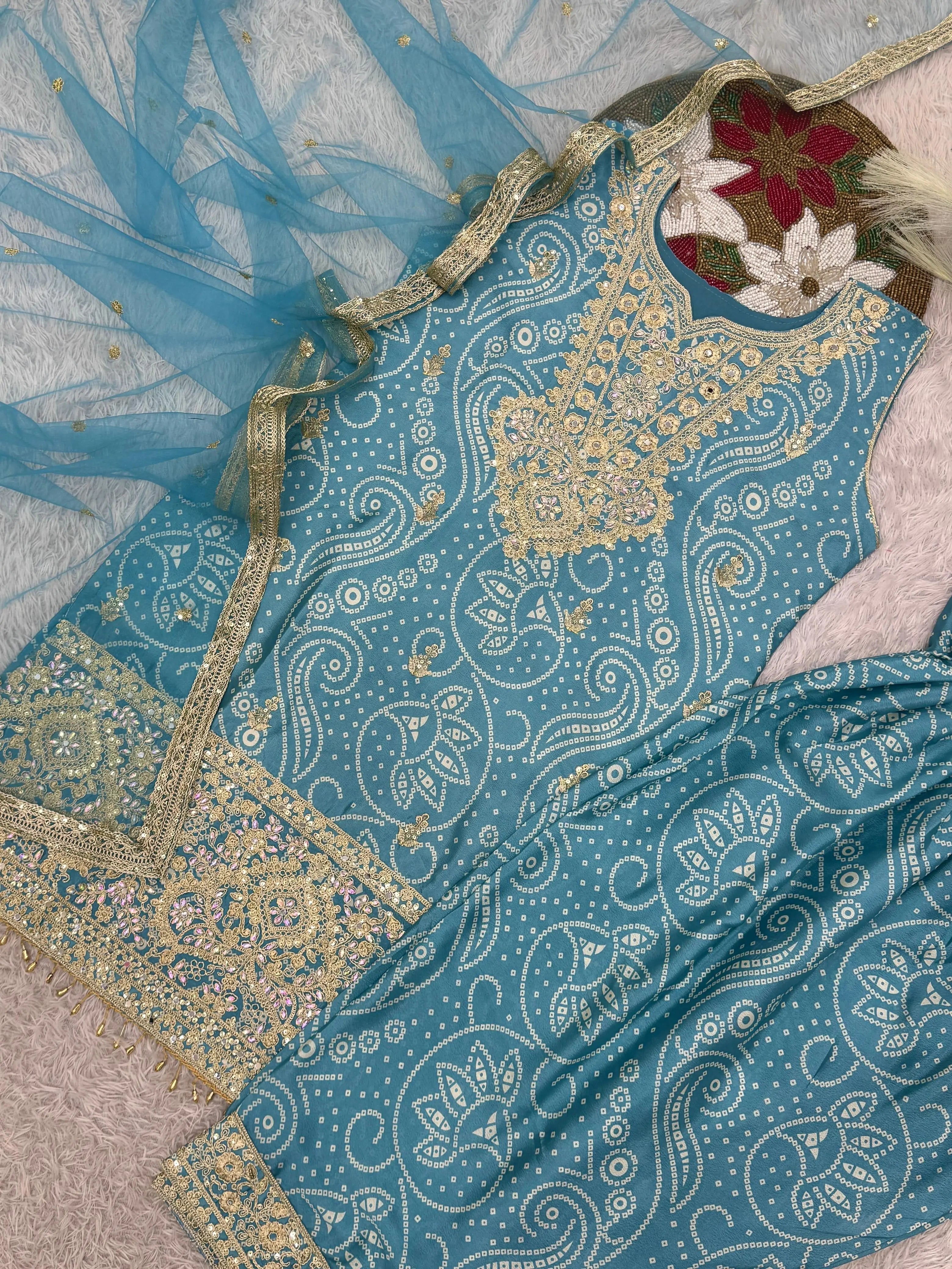 Chinon Silk Sequence Embroidery Work Bandhani Print Kurti Dhoti Pant Dupatta Set (Ready to Wear)