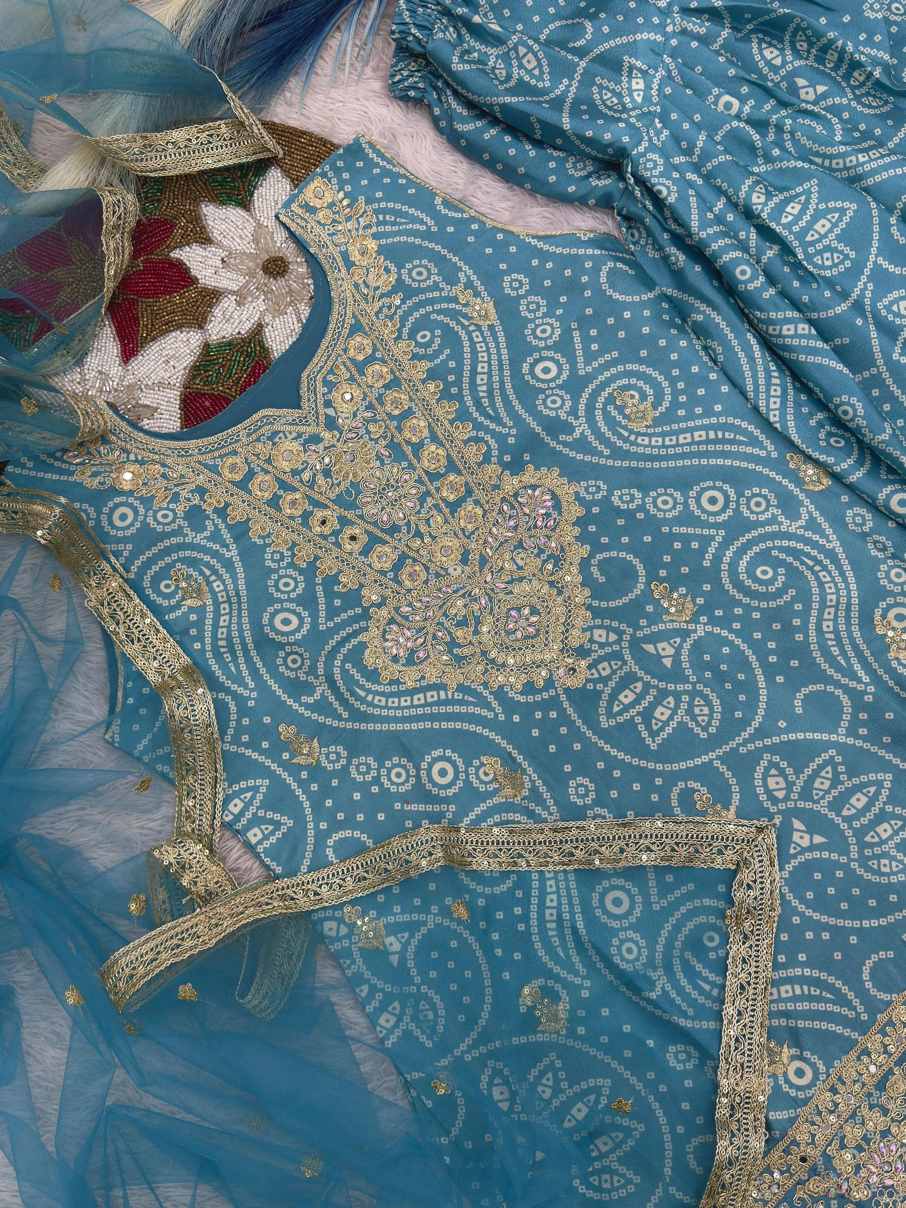 Chinon Silk Sequence Embroidery Work Bandhani Print Kurti Dhoti Pant Dupatta Set (Ready to Wear)