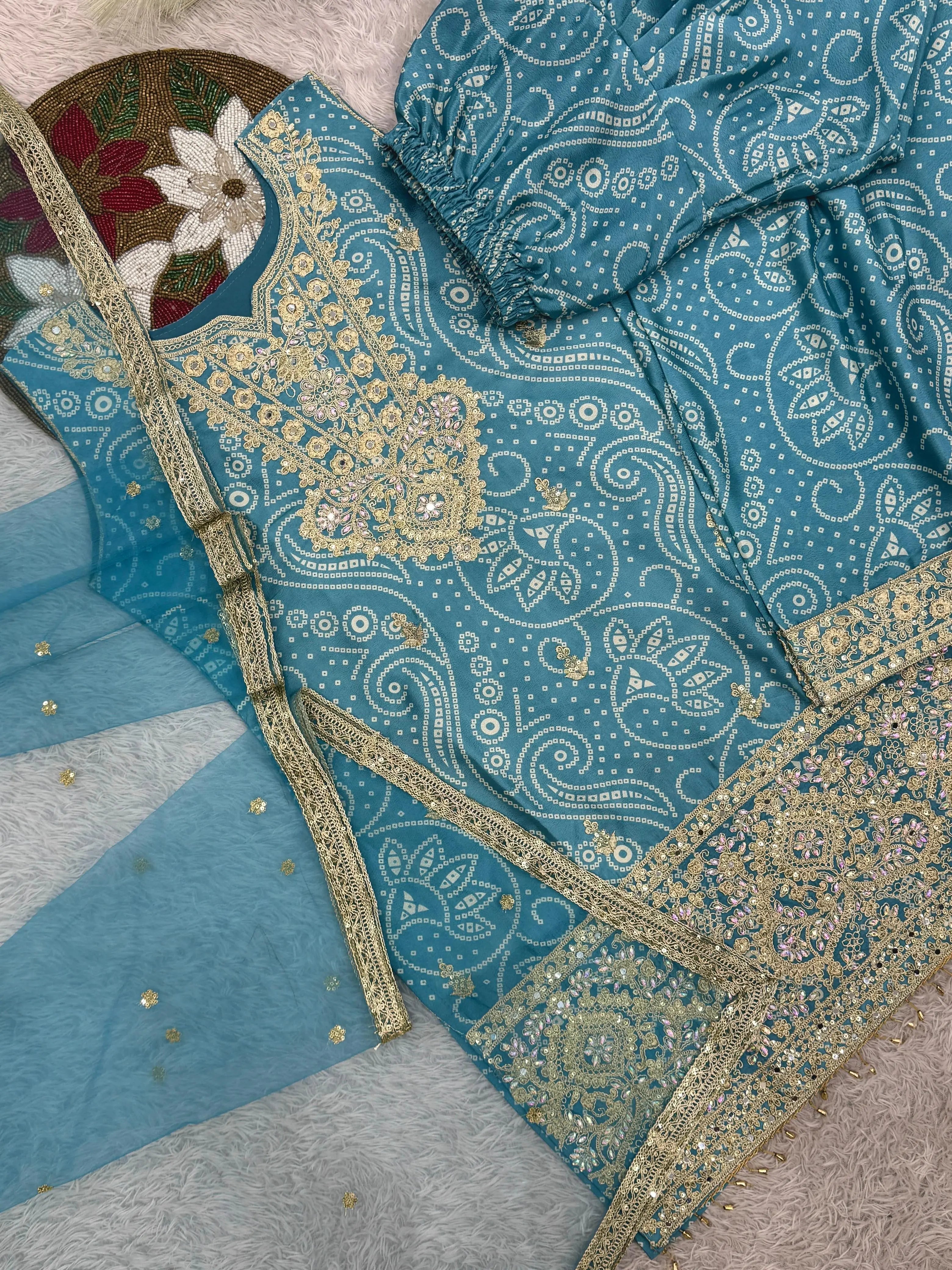 Chinon Silk Sequence Embroidery Work Bandhani Print Kurti Dhoti Pant Dupatta Set (Ready to Wear)