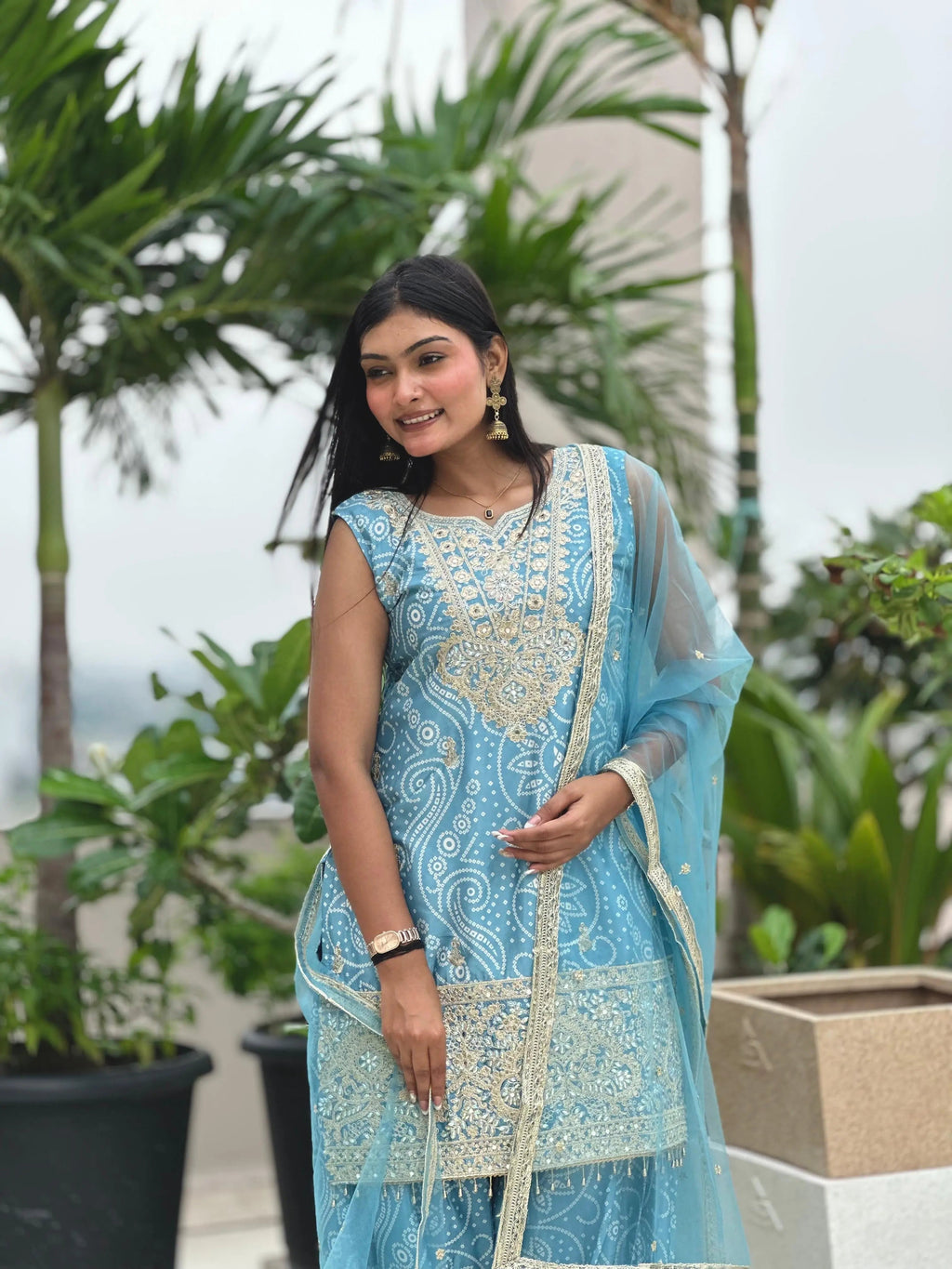 Chinon Silk Sequence Embroidery Work Bandhani Print Kurti Dhoti Pant Dupatta Set (Ready to Wear)