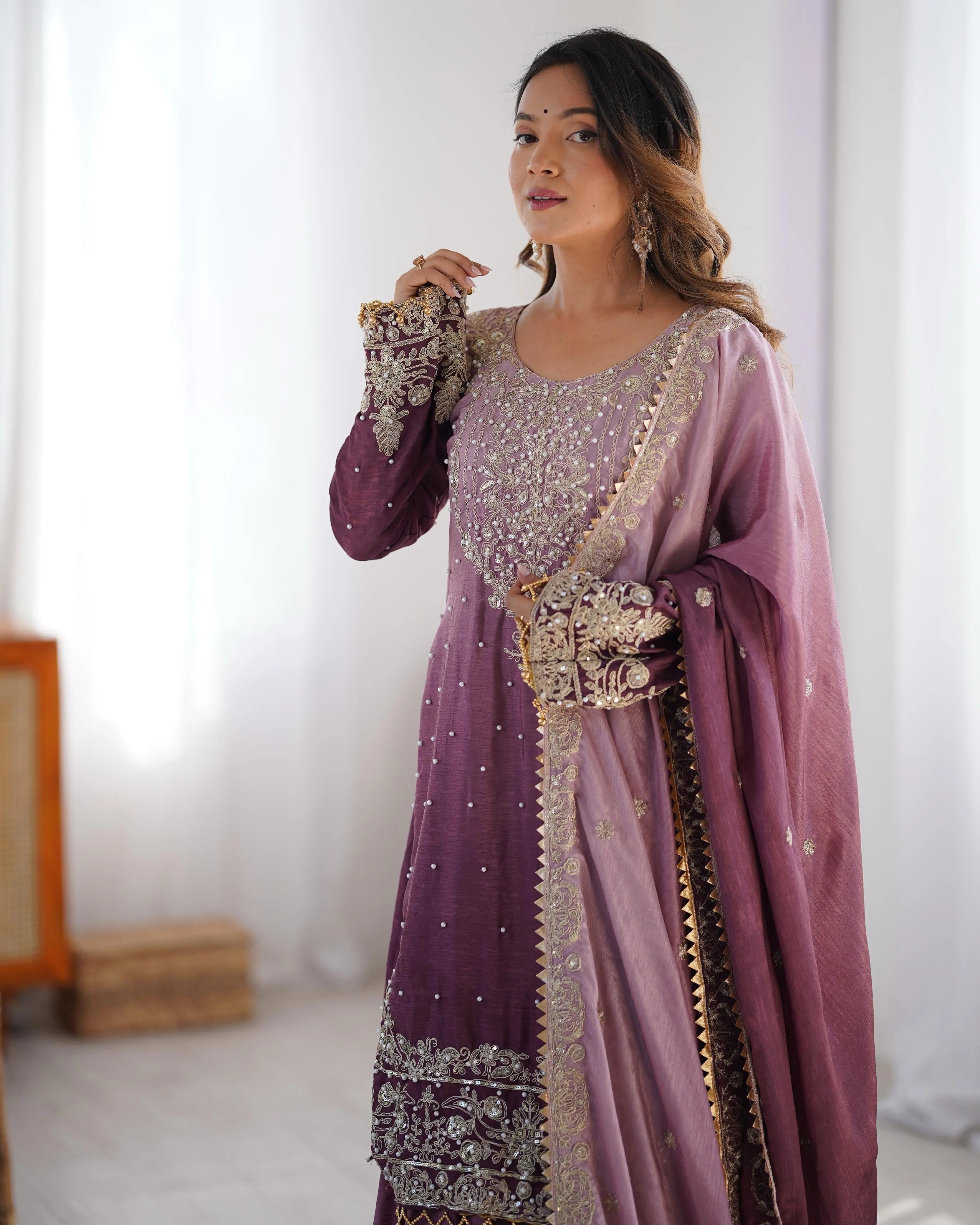 Chinon Silk Sequence Embroidery with Moti Work Kurti Sharar Dupatta Set (Stitched)