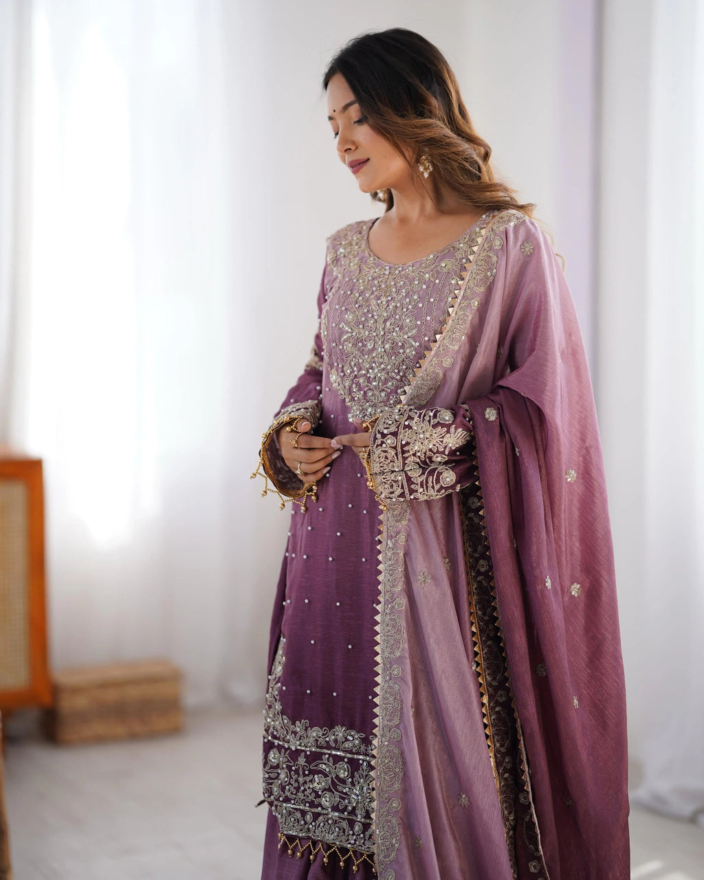 Chinon Silk Sequence Embroidery with Moti Work Kurti Sharar Dupatta Set (Stitched)
