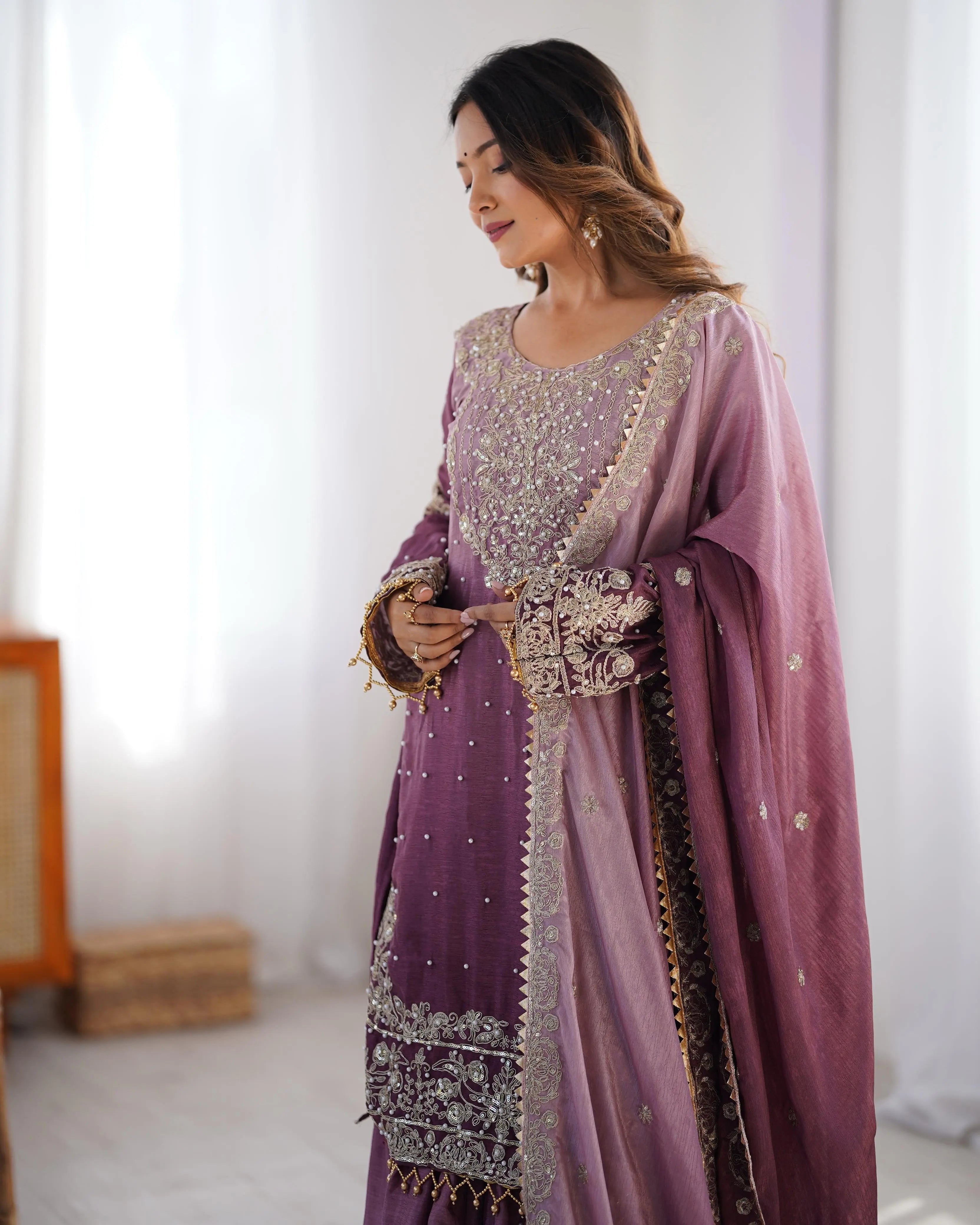 Chinon Silk Sequence Embroidery with Moti Work Kurti Sharar Dupatta Set (Stitched)