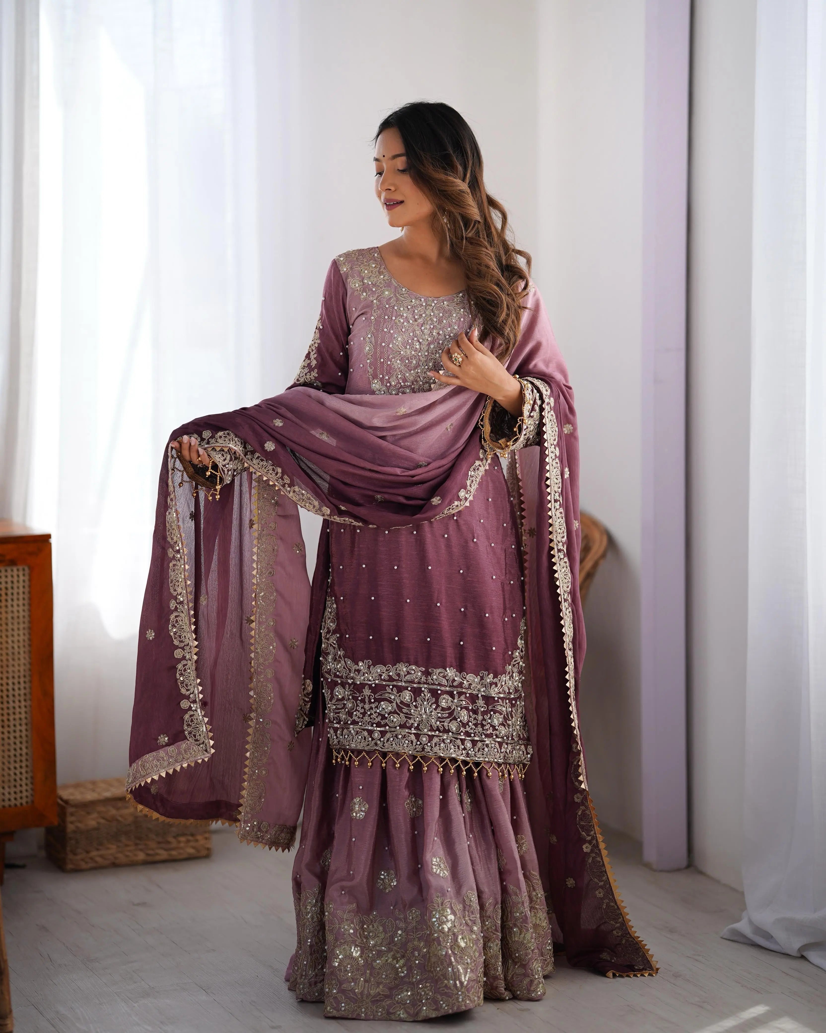Chinon Silk Sequence Embroidery with Moti Work Kurti Sharar Dupatta Set (Stitched)