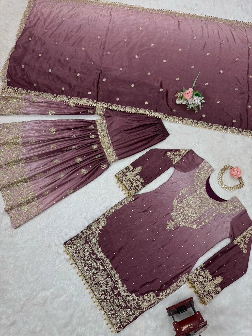 Chinon Silk Sequence Embroidery with Moti Work Kurti Sharar Dupatta Set (Stitched)