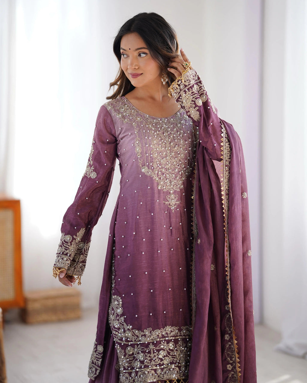 Chinon Silk Sequence Embroidery with Moti Work Kurti Sharar Dupatta Set (Stitched)
