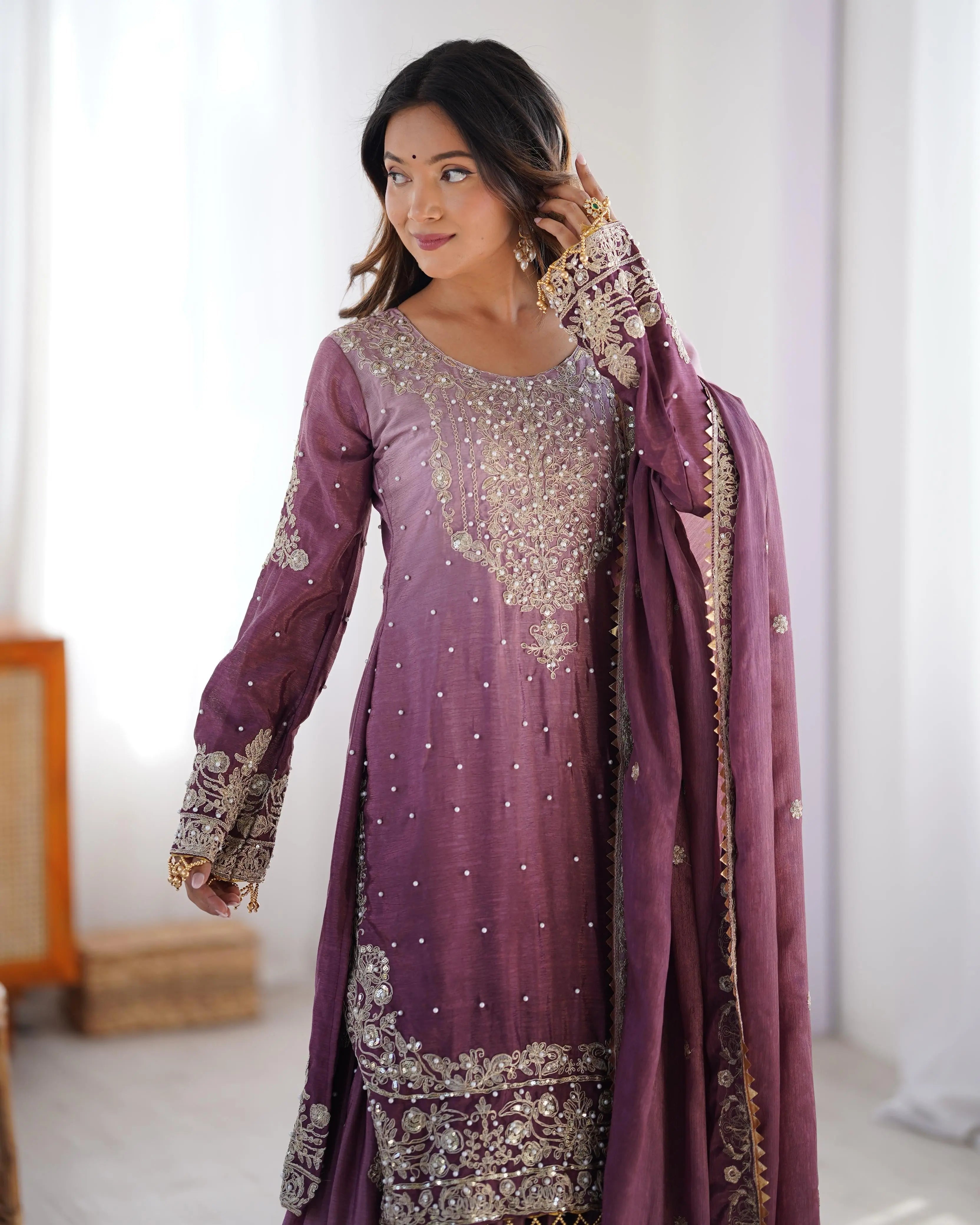 Chinon Silk Sequence Embroidery with Moti Work Kurti Sharar Dupatta Set (Stitched)