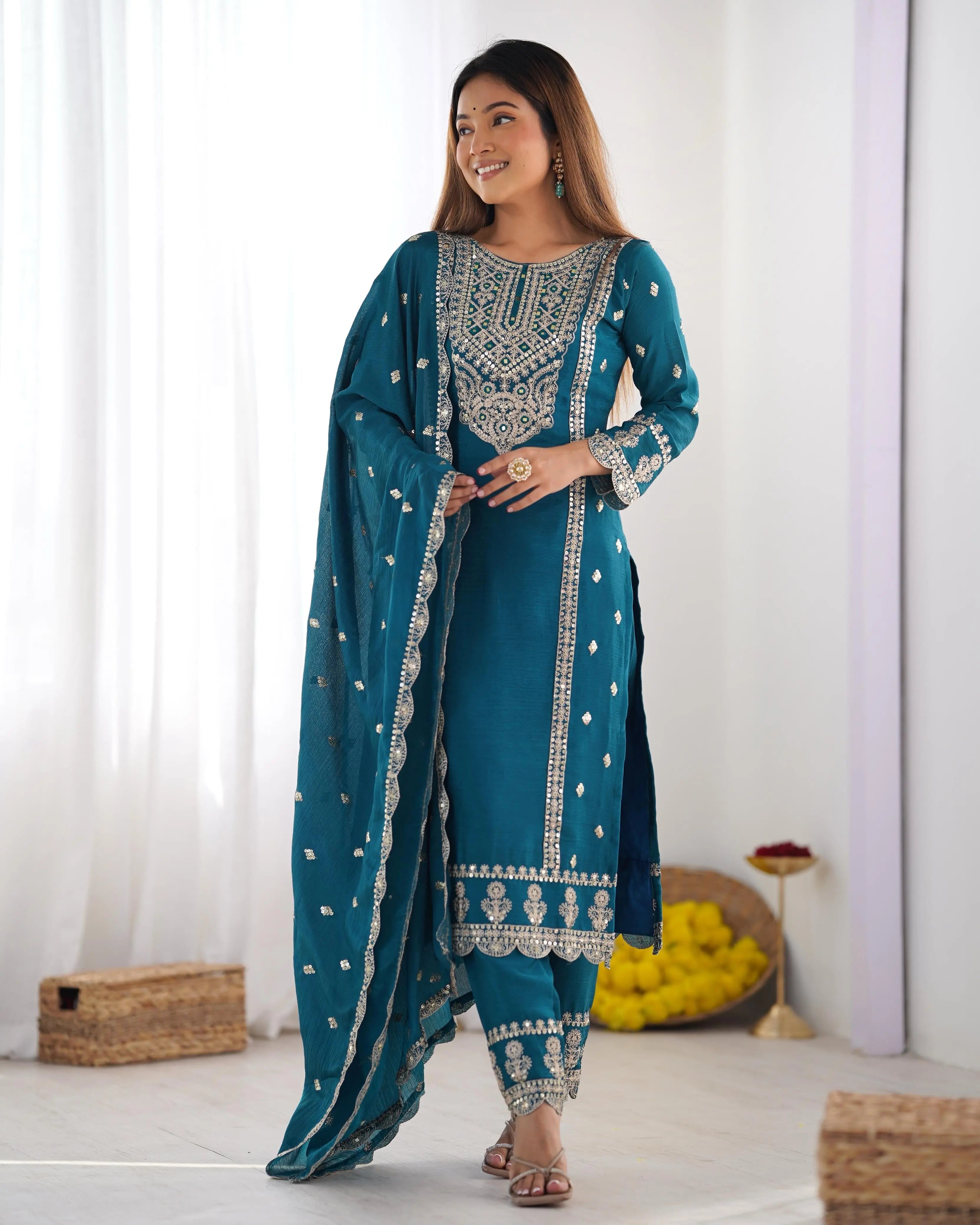 Chinon Silk Sequence Embroidery work Party Wear 3Pc  Kurti Pant Dupatta Set (Stitched)