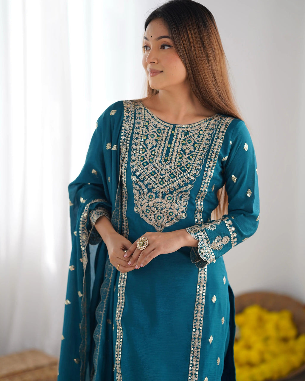 Chinon Silk Sequence Embroidery work Party Wear 3Pc  Kurti Pant Dupatta Set (Stitched)