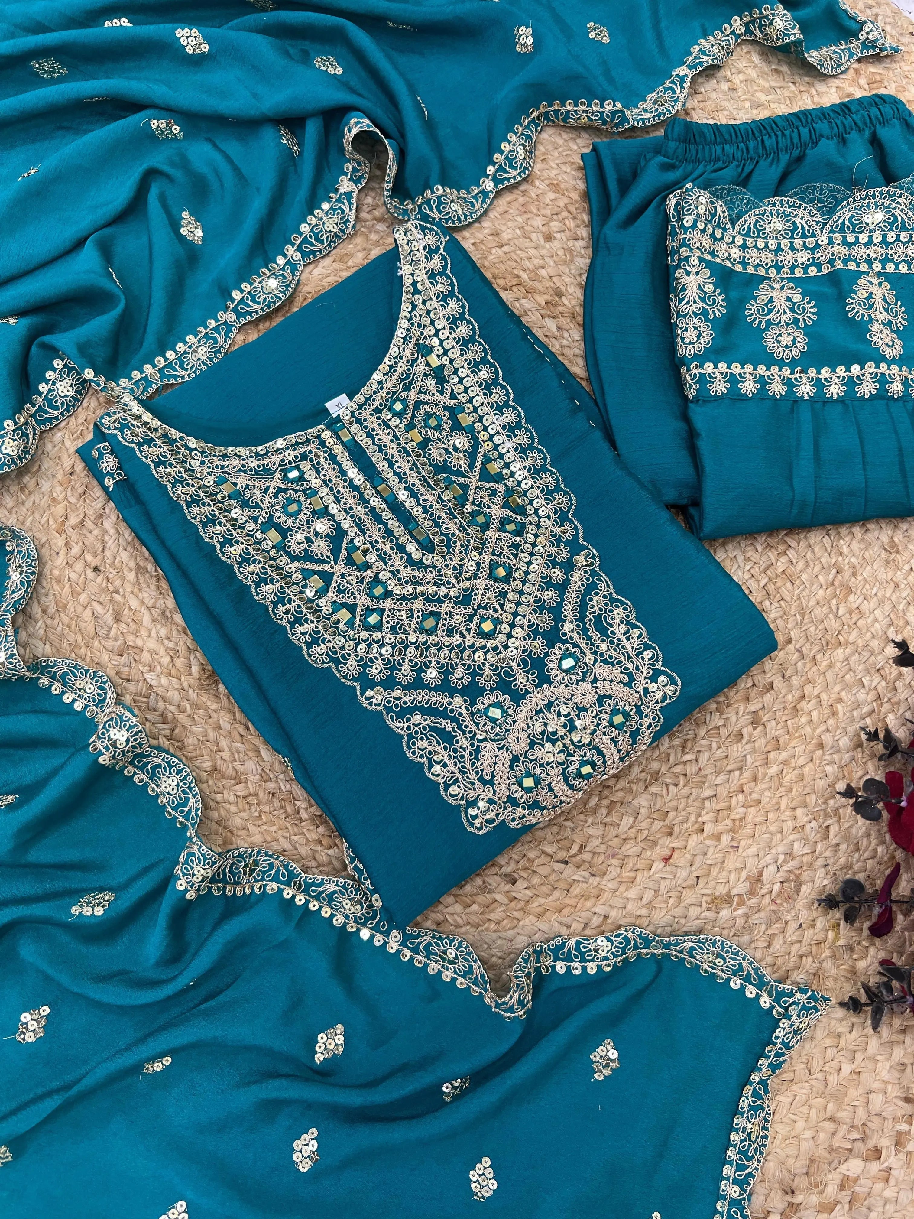 Chinon Silk Sequence Embroidery work Party Wear 3Pc  Kurti Pant Dupatta Set (Stitched)