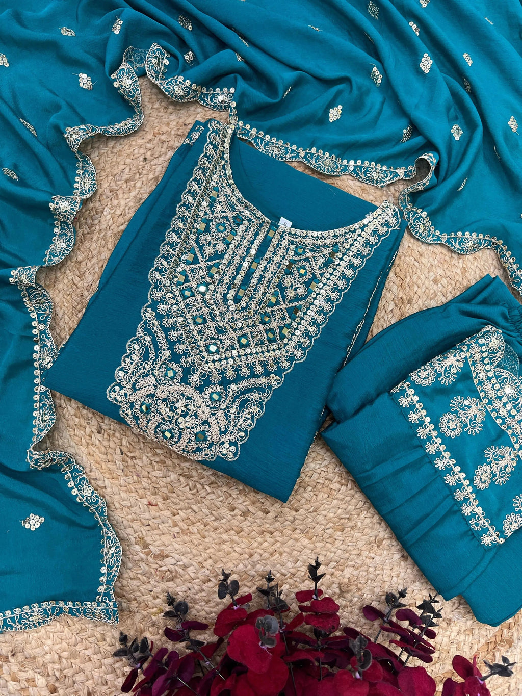 Chinon Silk Sequence Embroidery work Party Wear 3Pc  Kurti Pant Dupatta Set (Stitched)
