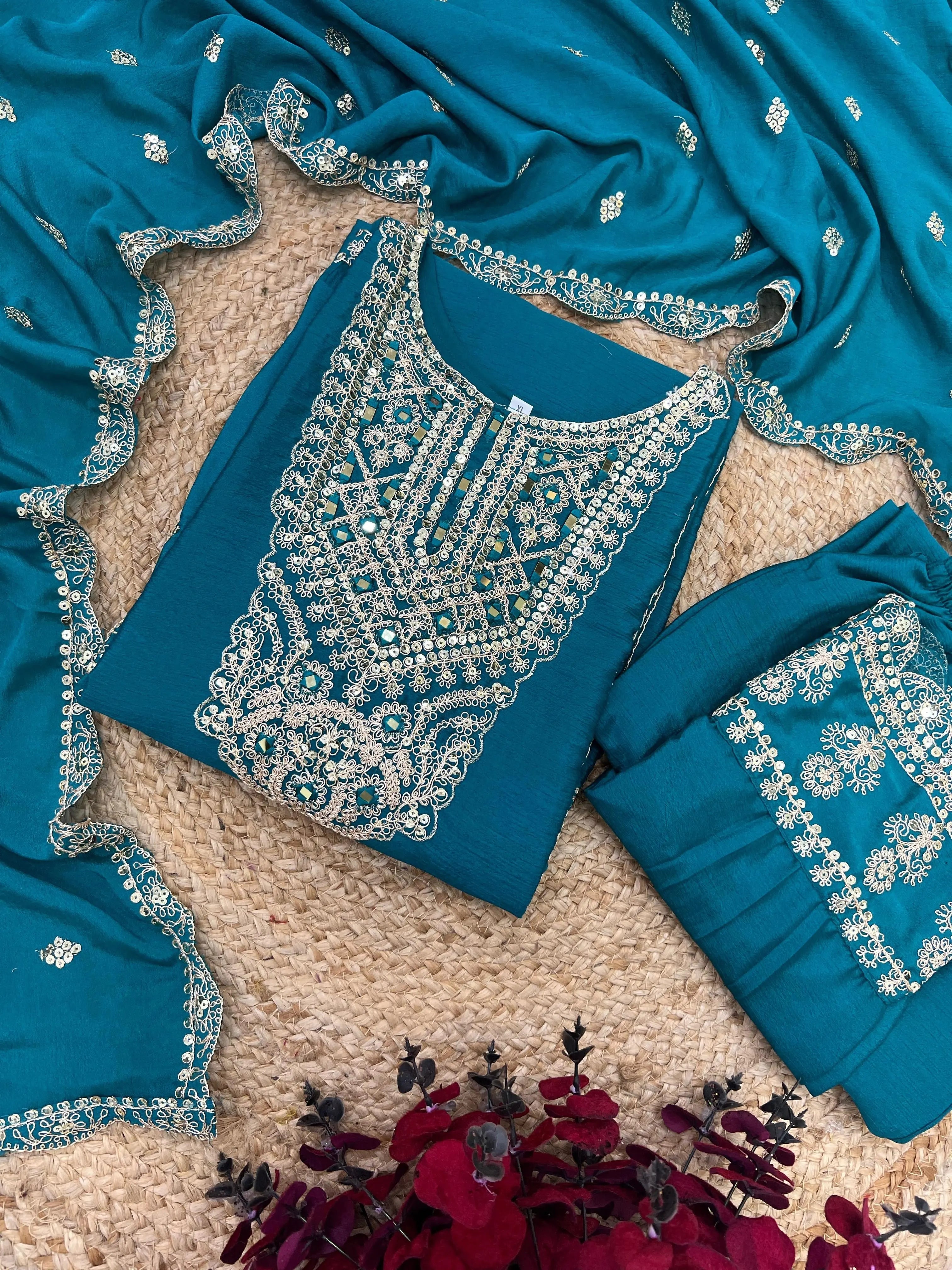 Chinon Silk Sequence Embroidery work Party Wear 3Pc  Kurti Pant Dupatta Set (Stitched)