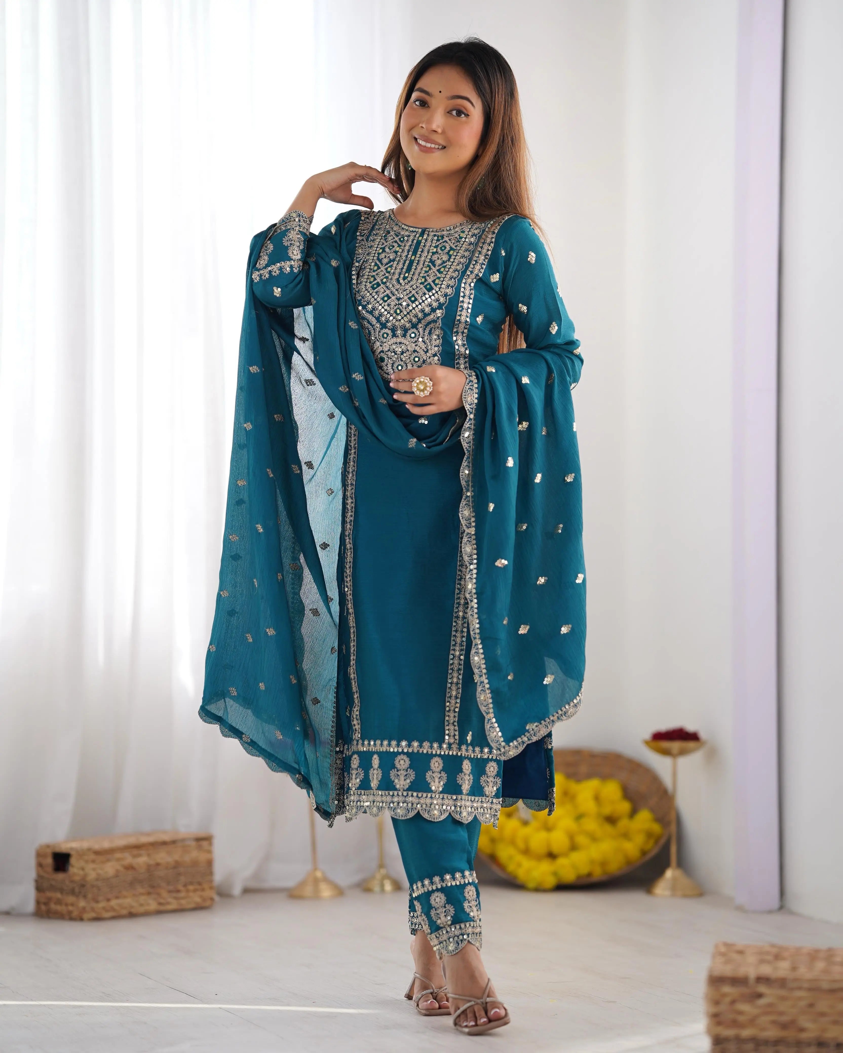 Chinon Silk Sequence Embroidery work Party Wear 3Pc  Kurti Pant Dupatta Set (Stitched)