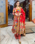 Cotton Chanderi Summer Special Floral Digital Print work Flair Kurti Pant Dupatta Set (Ready to wear)