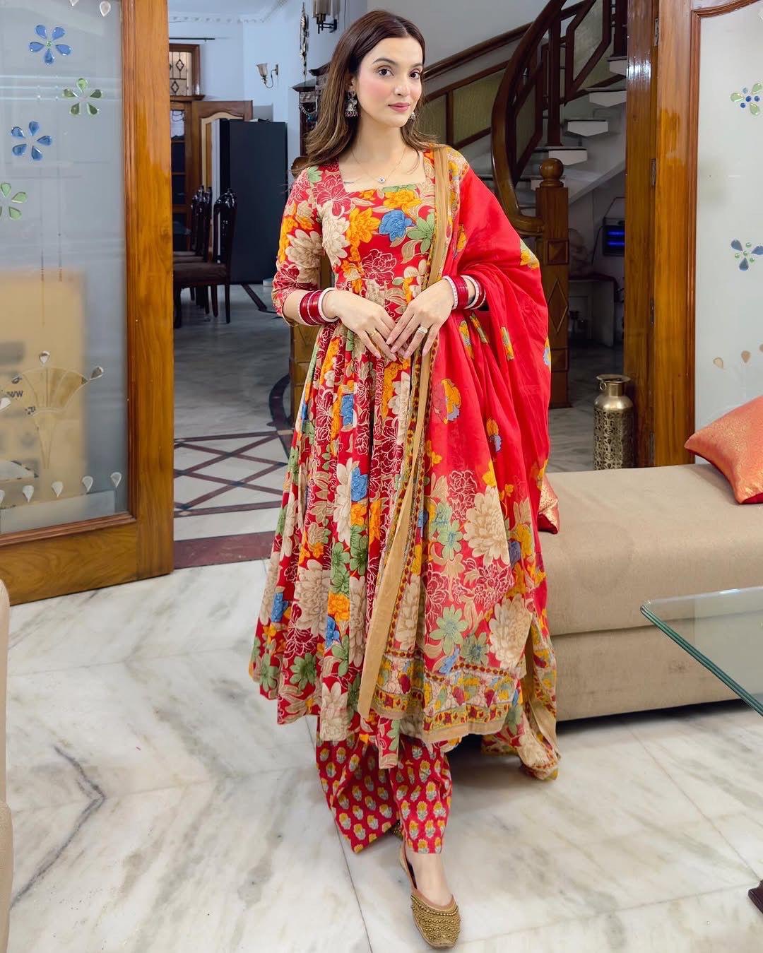 Cotton Chanderi Summer Special Floral Digital Print work Flair Kurti Pant Dupatta Set (Ready to wear)