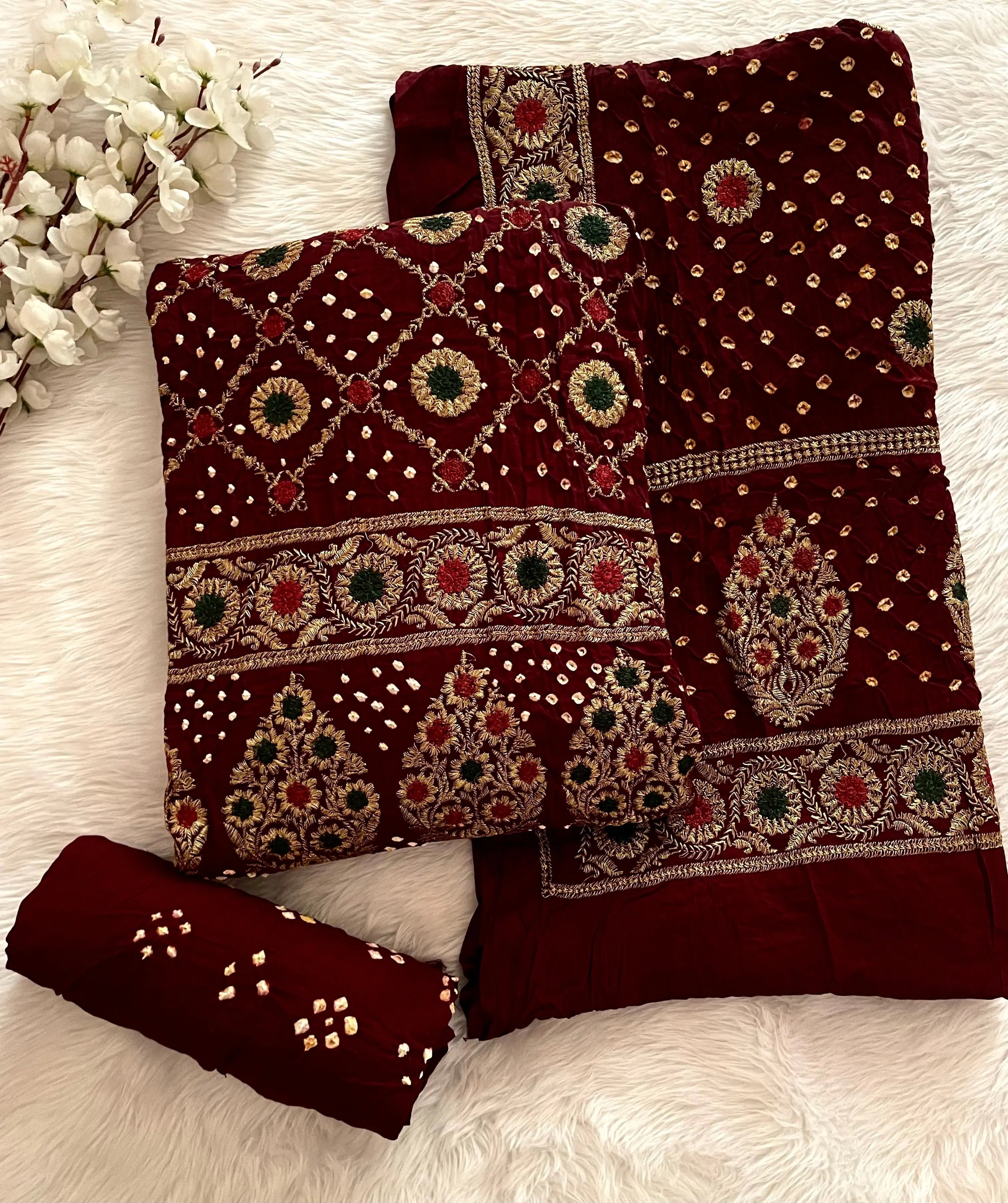 Cotton Satin Authentic Full Hand Tila Work Embroidery Kutch Bandhani Dress Material (Unstitched)