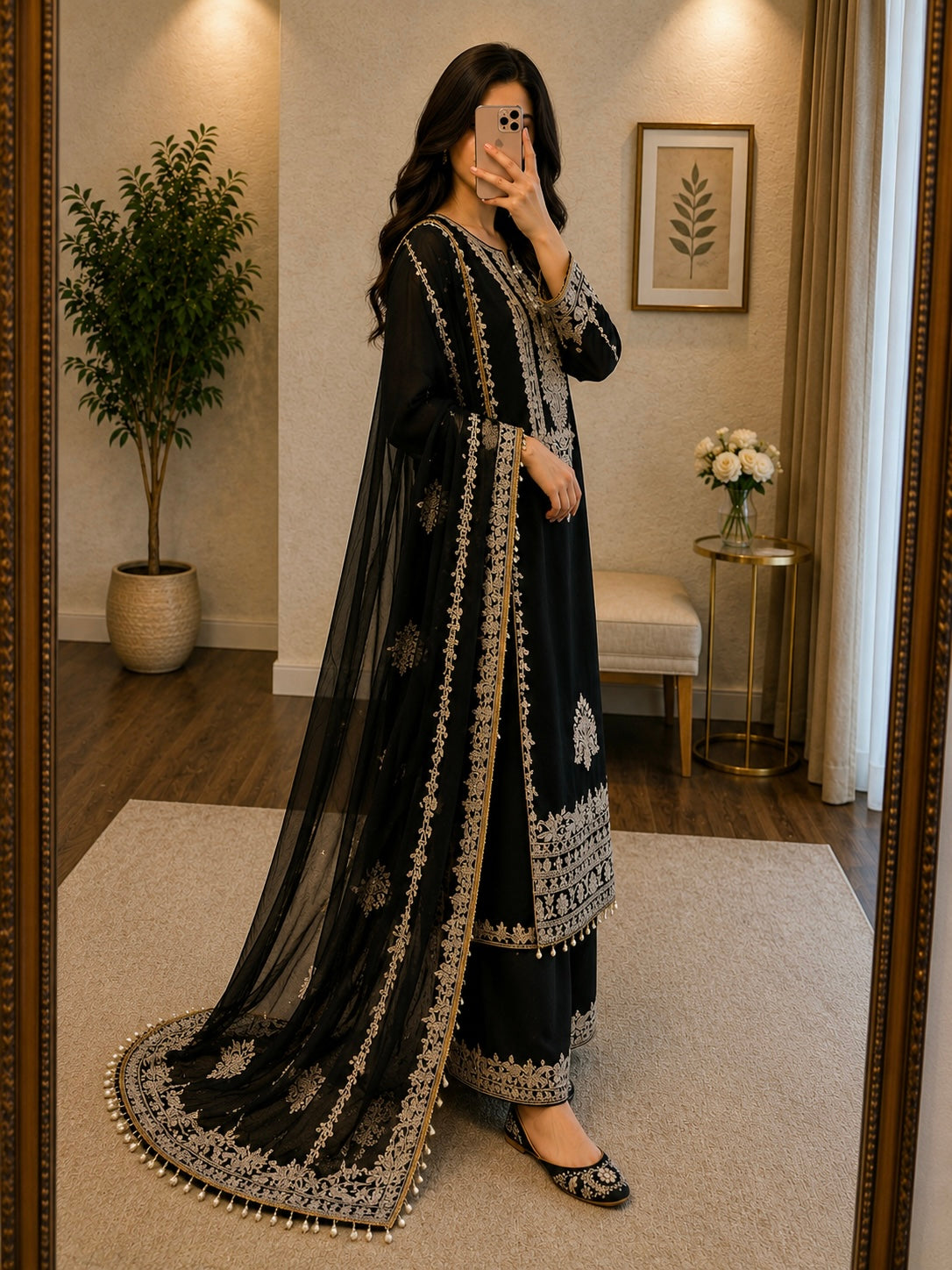 Faux Georgette Sequence Embroidery Work Designer 3Pc Ready Wear Kurti Pant Dupatta Set
