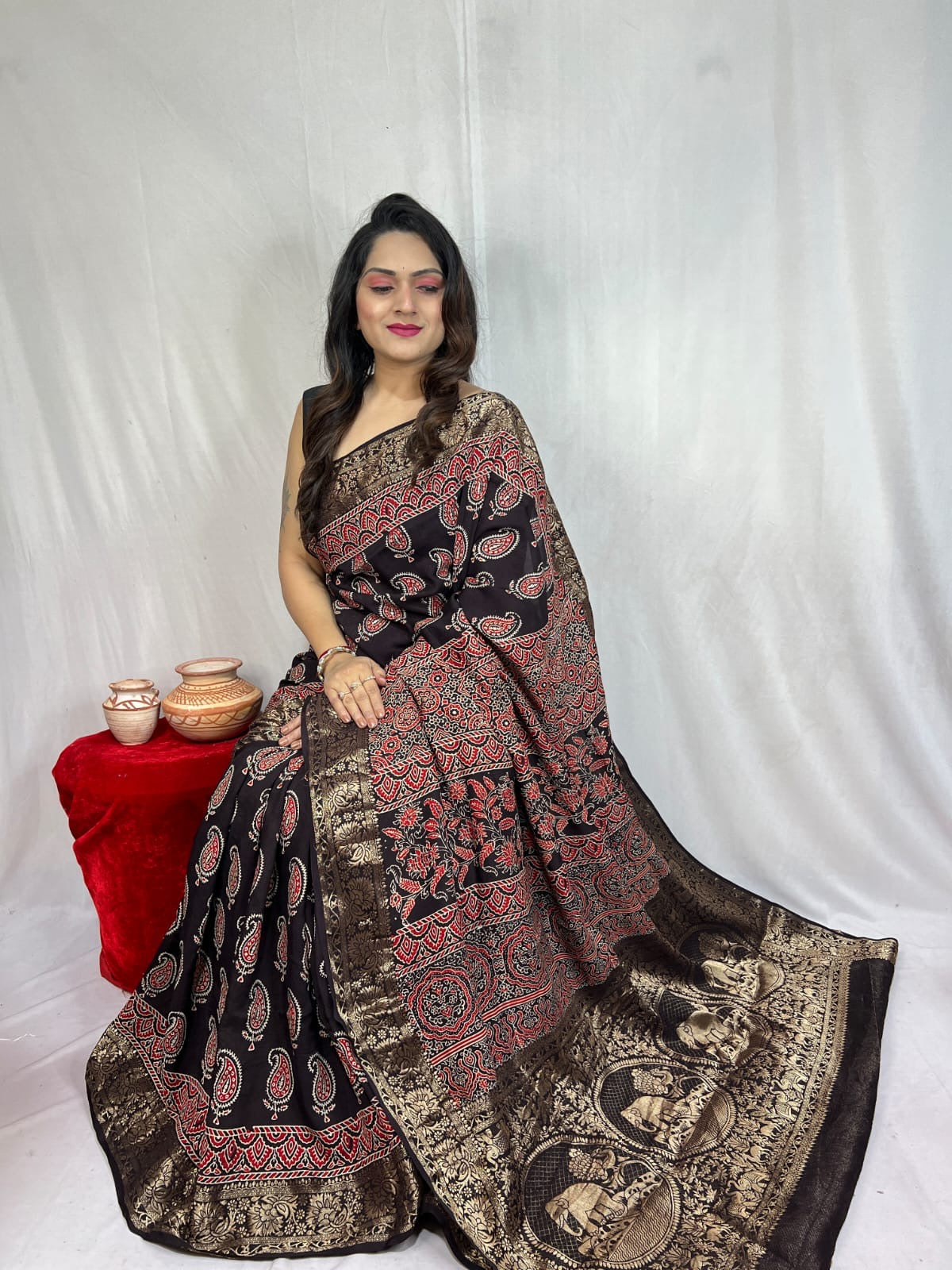 Dola Silk Original Handblocked  Ajrakh work Saree