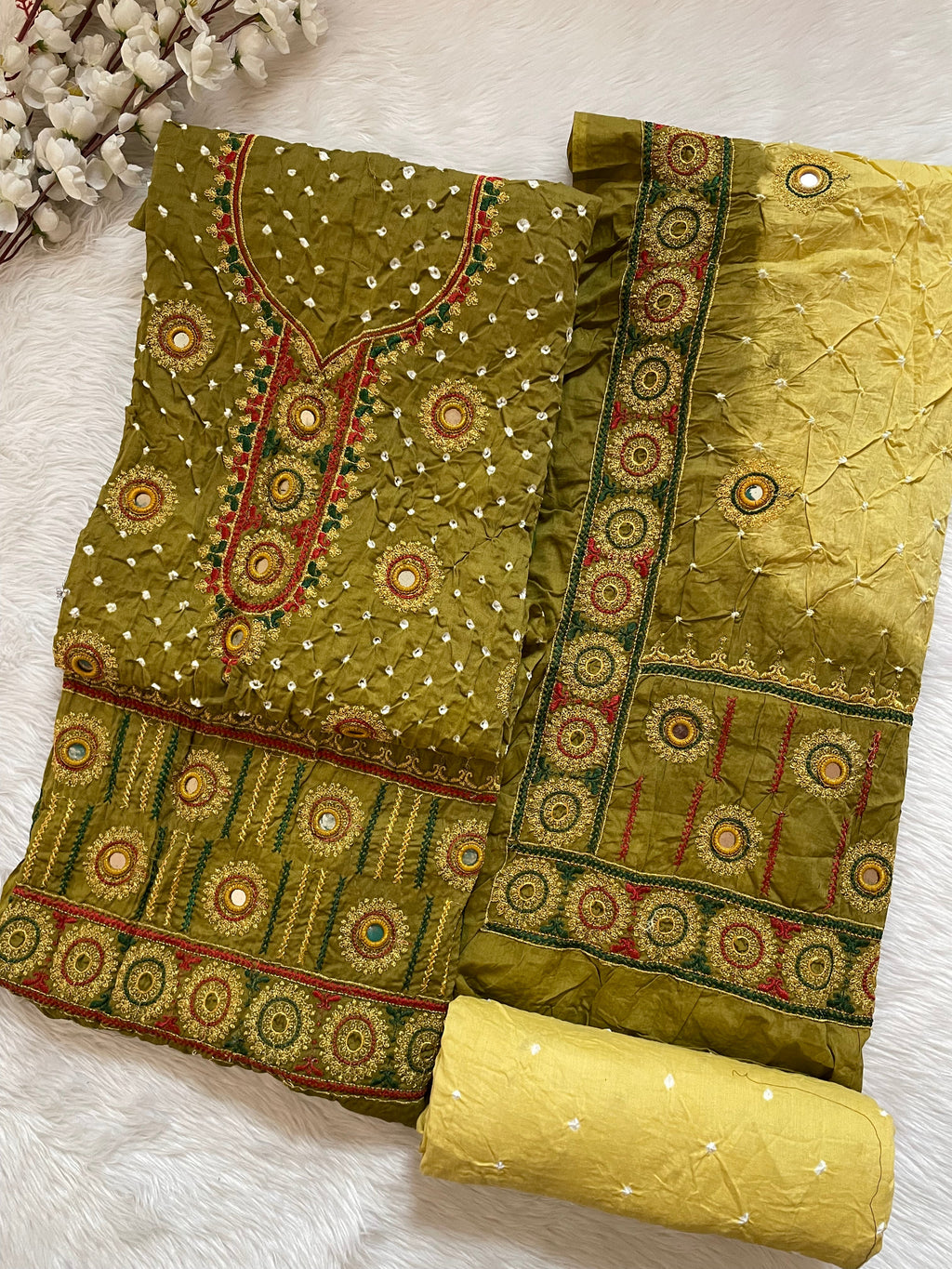 Ethenika Originals Mirror Hand Embroidery Tila Work With Heavy Work Dupatta Bandhani Dress Material (Unstitched)