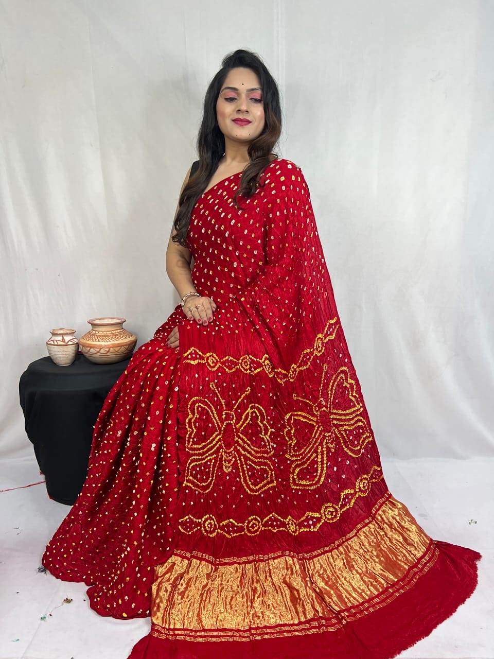 Modal Silk Heavy Barik Bandhej work Silk Bandhani Saree