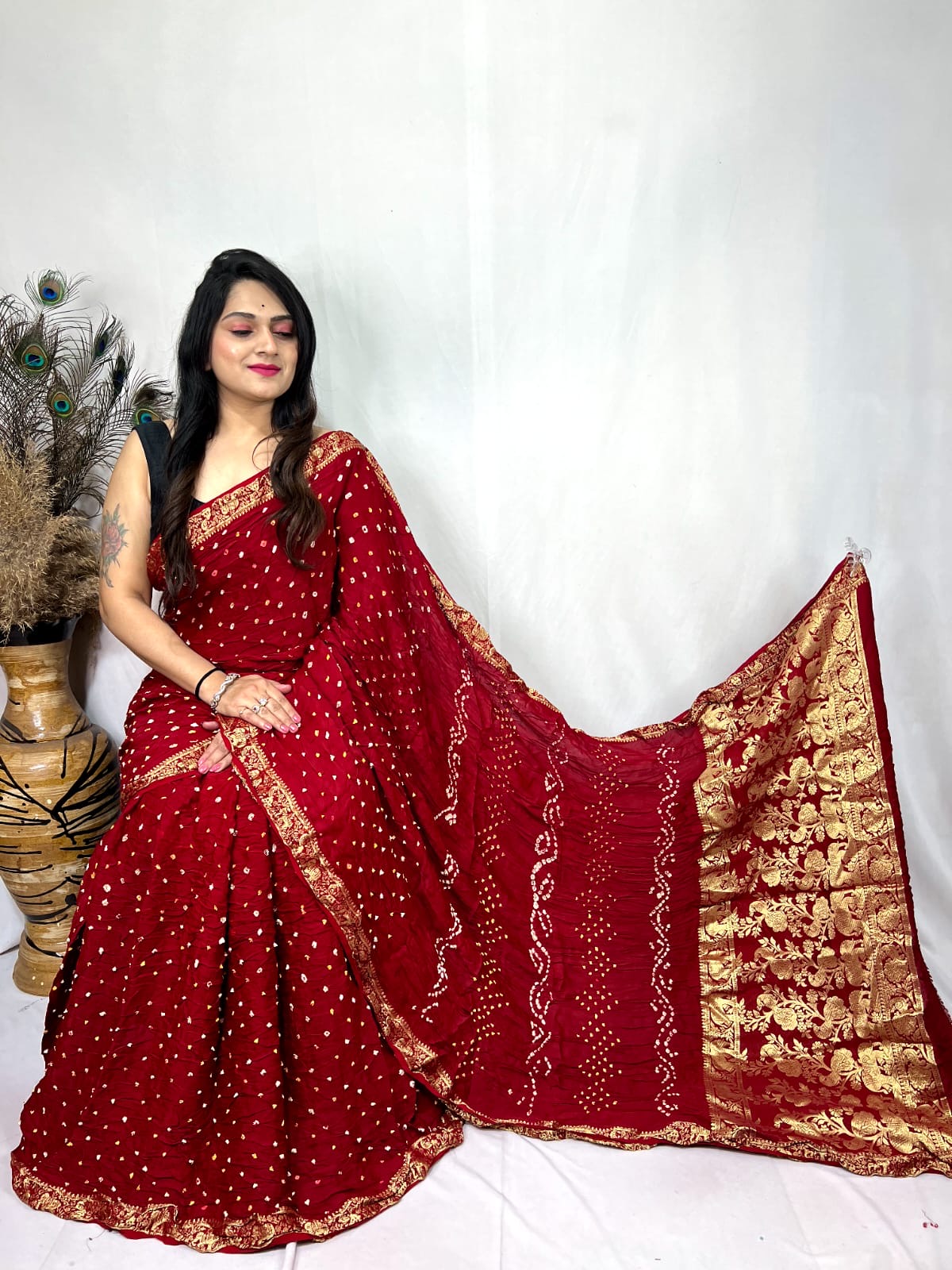 Premium Modal Silk Barik Bandhej Work Nakashi Border Silk Bandhani Saree