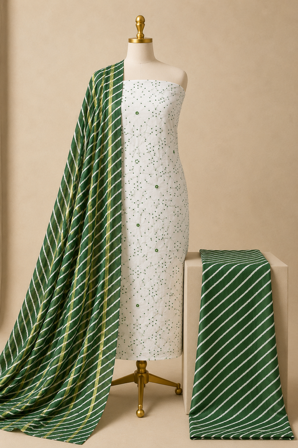 Pure Cotton Thread Knots Mirror Work Leheriya 3Pc Unstitched Dress Material