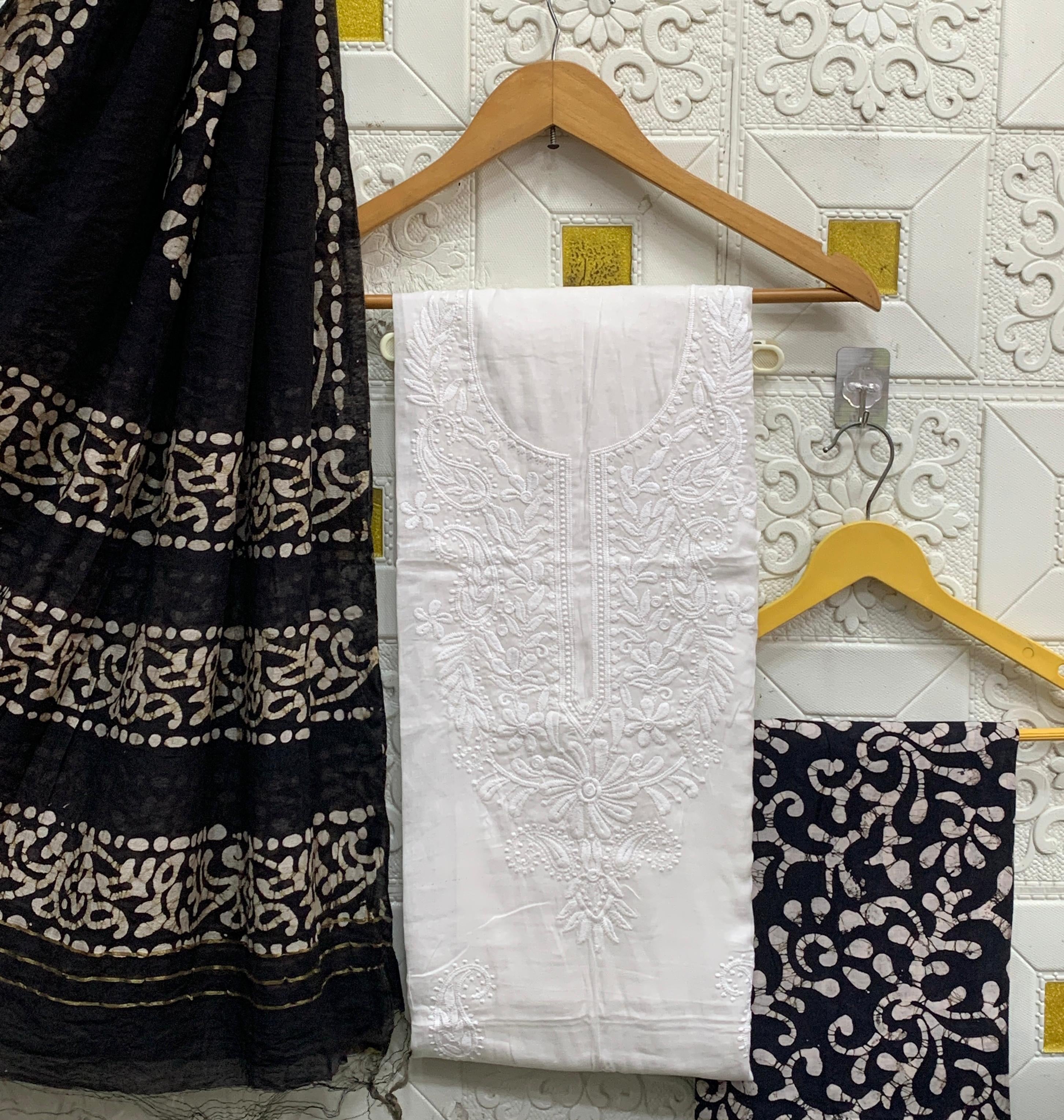 Cotton Lakhnavi Thread work Silk Batik Print Bottom Dupatta Dress Material (Unstitched)