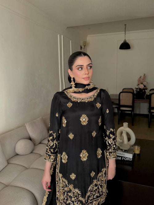 Chinon Silk Designer Kurti Sharara Dupatta Set