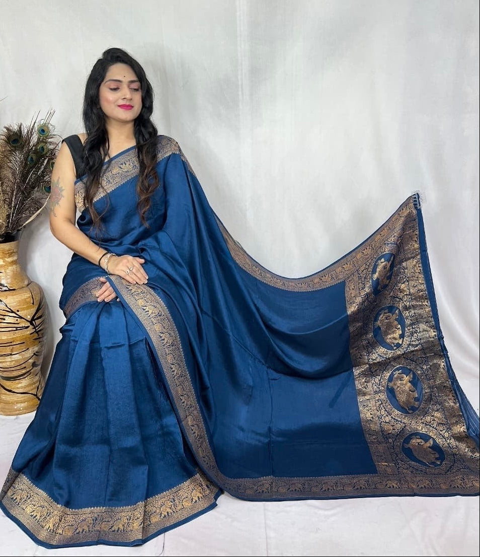 Dola Silk Plain Dye Golden Embroidery Work Silk Saree