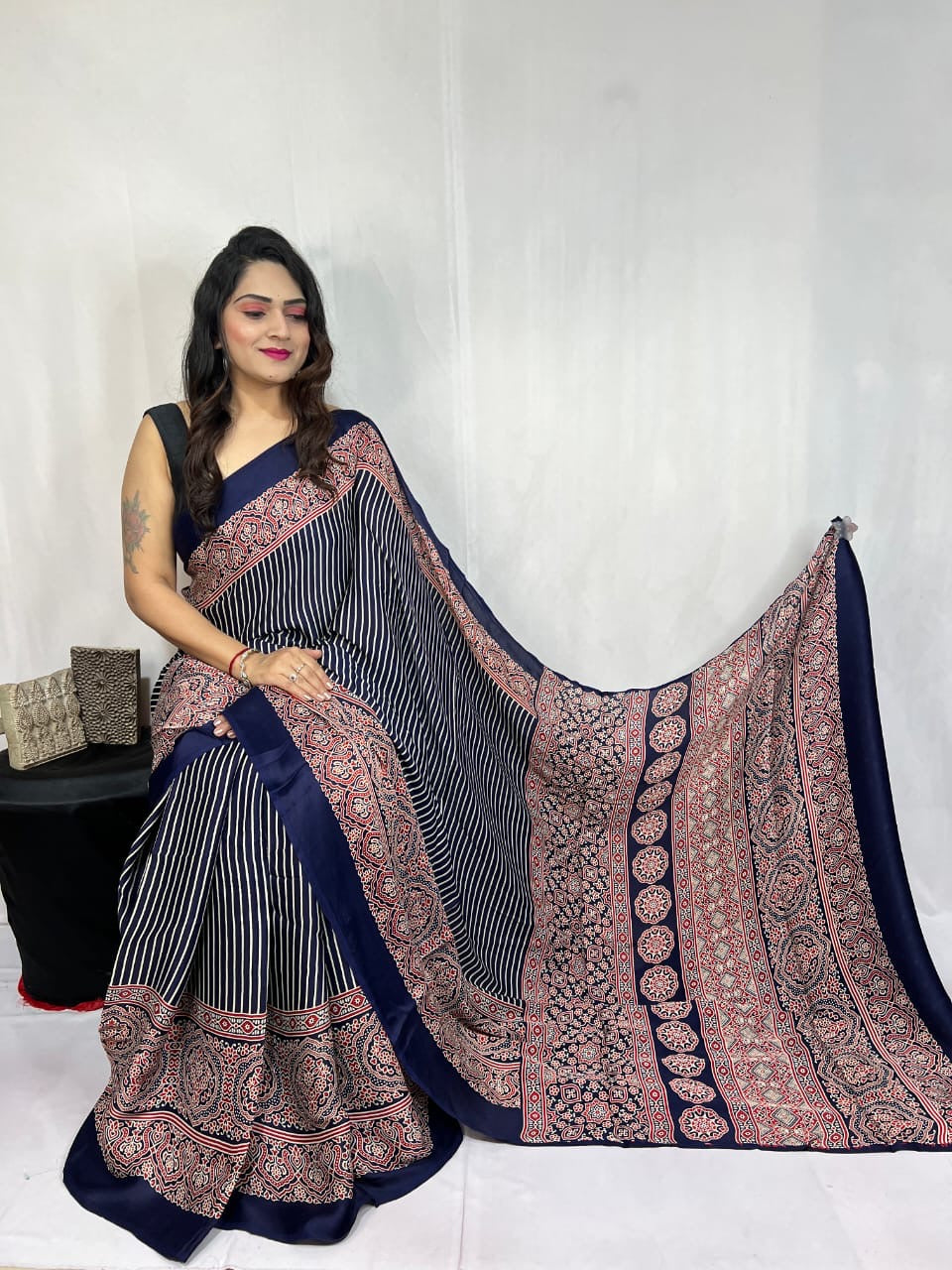 Modal Silk Authentic Hand Blocked Ajrakh work Saree
