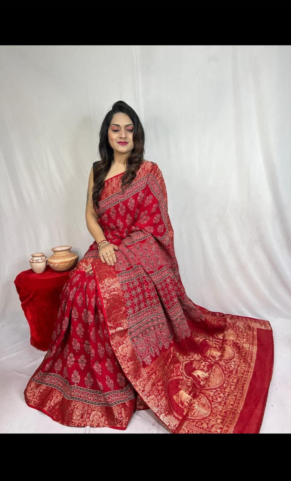 Dola Silk Original Handblocked  Ajrakh work Saree