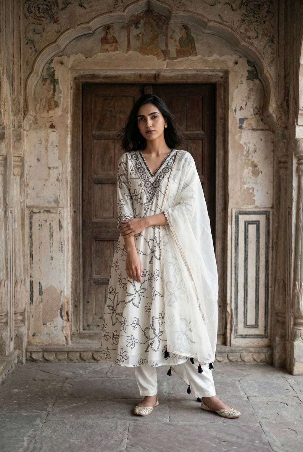 French Crepe Digital Printed Anarkali Kurti Pant Dupatta Set