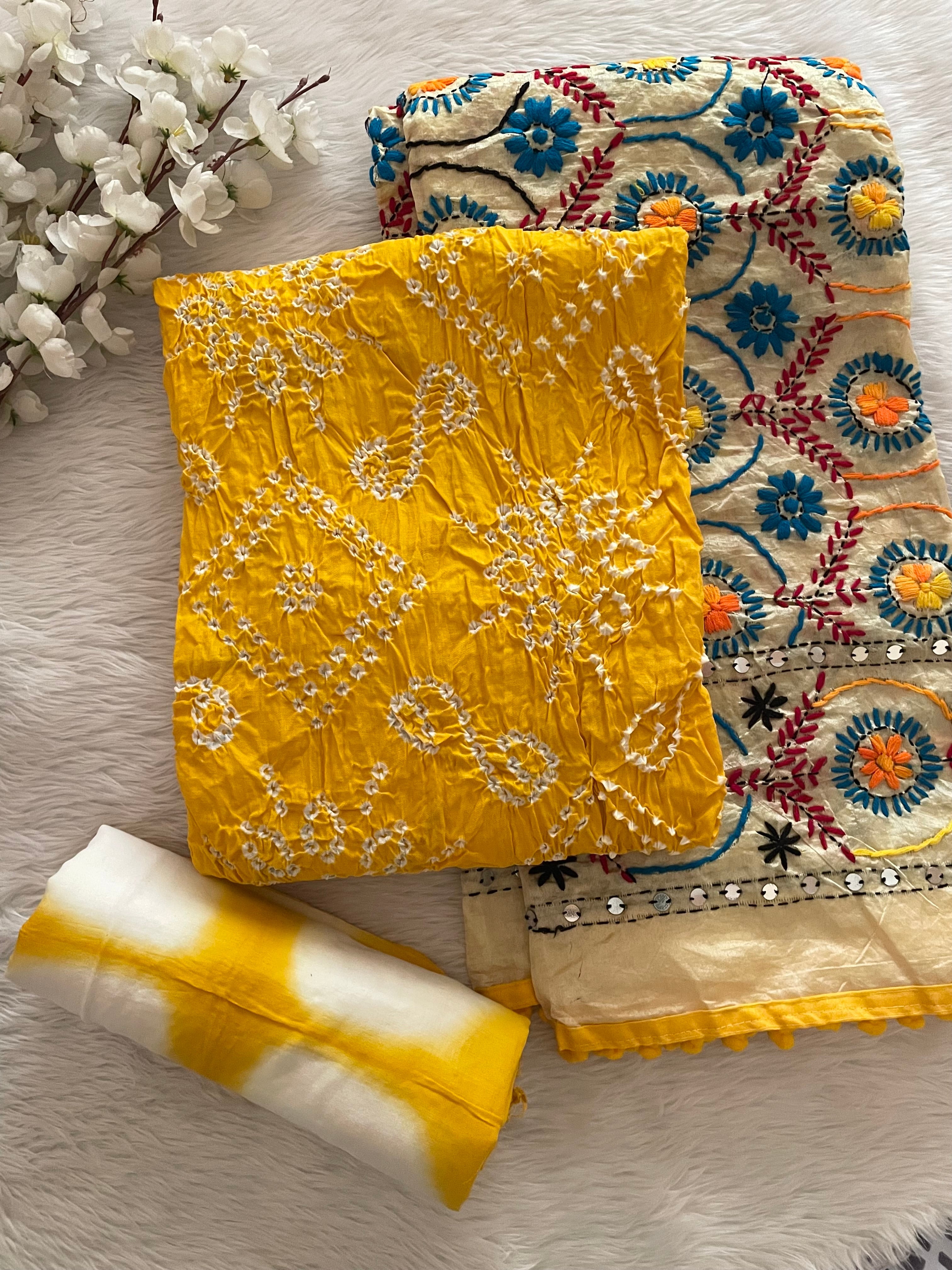 Cotton Kutch Hand Crafted Kutch Bandhani With Phulkari Dupatta Bandhani Dress Material (Unstitched)