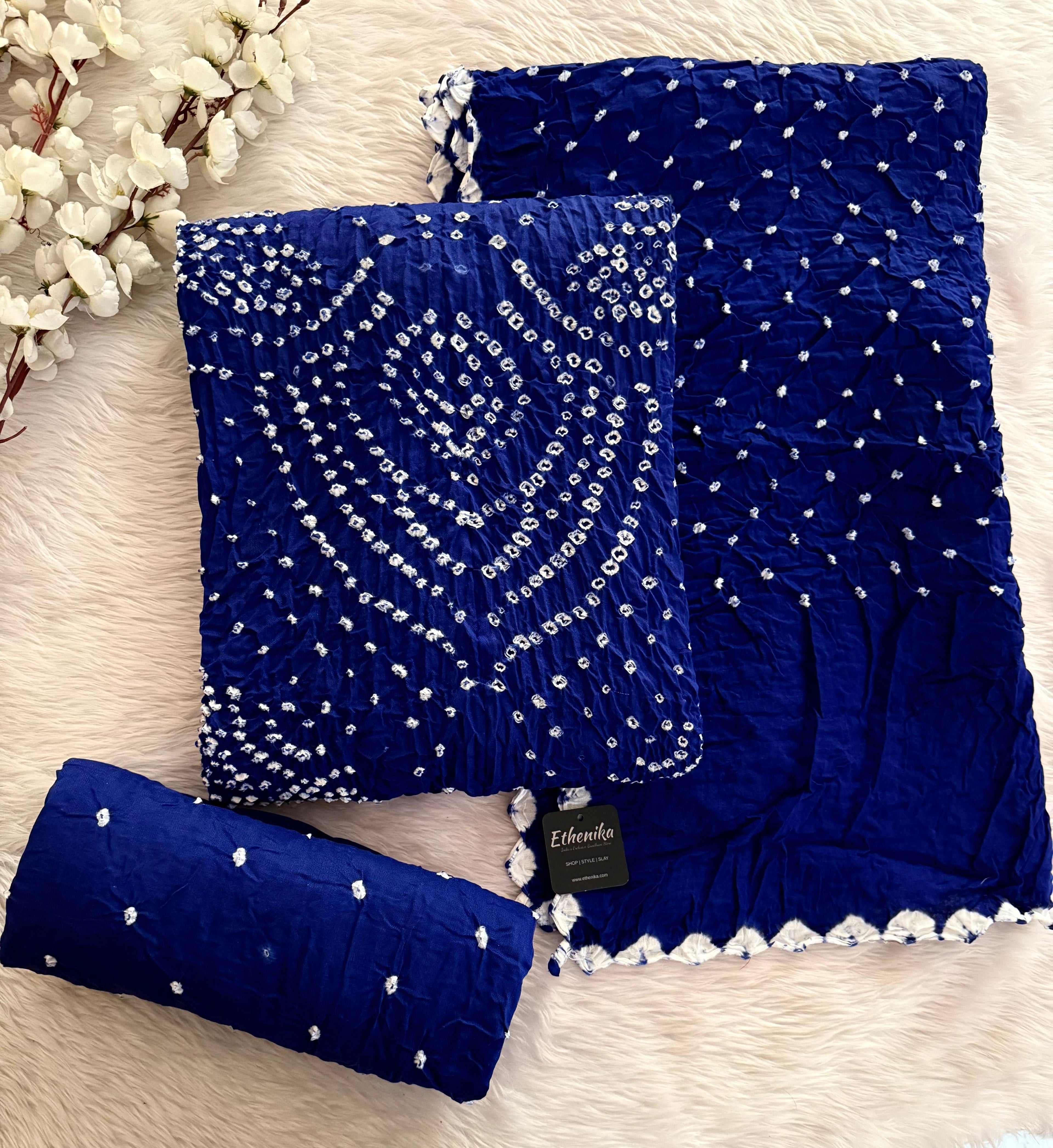 Cotton Satin Self Color Authentic Kutch Hand Crafted 3Pc Bandhani Dress Material (Unstitched)