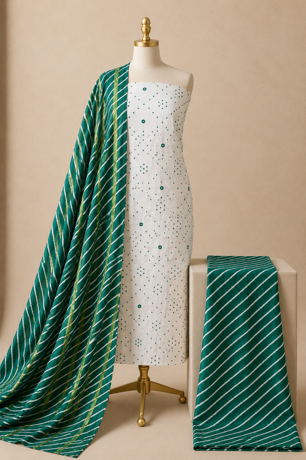 Pure Cotton Thread Knots Mirror Work Leheriya 3Pc Unstitched Dress Material