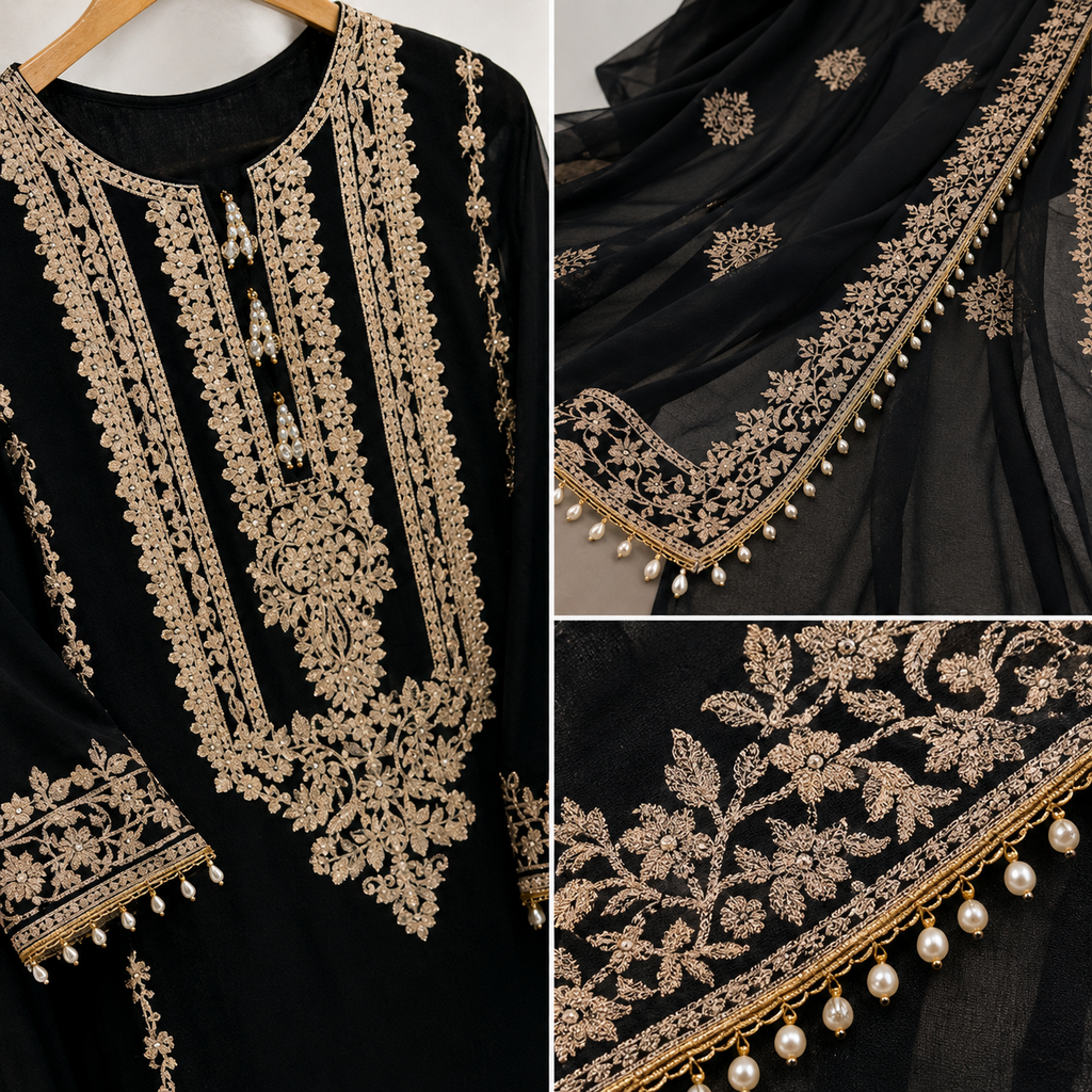 Faux Georgette Sequence Embroidery Work Designer 3Pc Ready Wear Kurti Pant Dupatta Set
