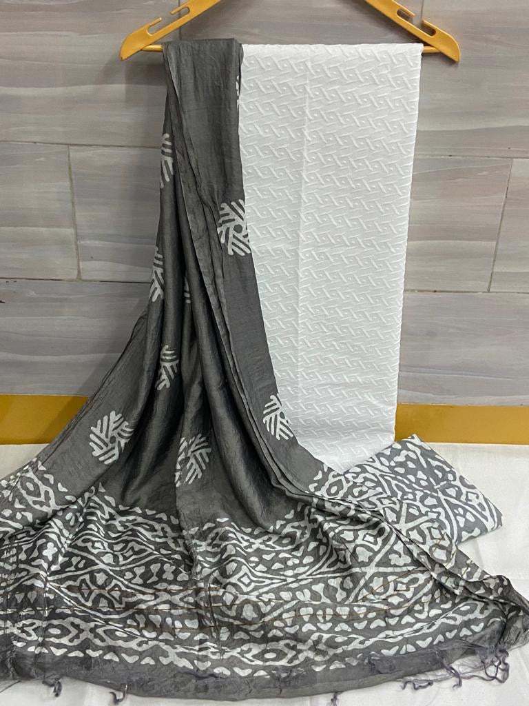 Chikankari Work Cotton Dress Material with Batik Print Salwar and dupatta (Unstitched)