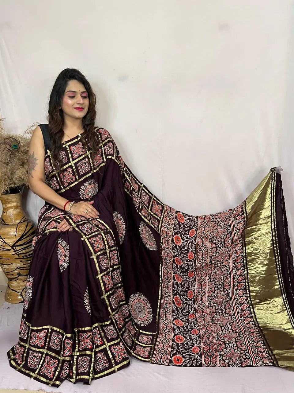 Modal Silk Original Hand Blocked Ajrakh work Lagdi Pallu Saree
