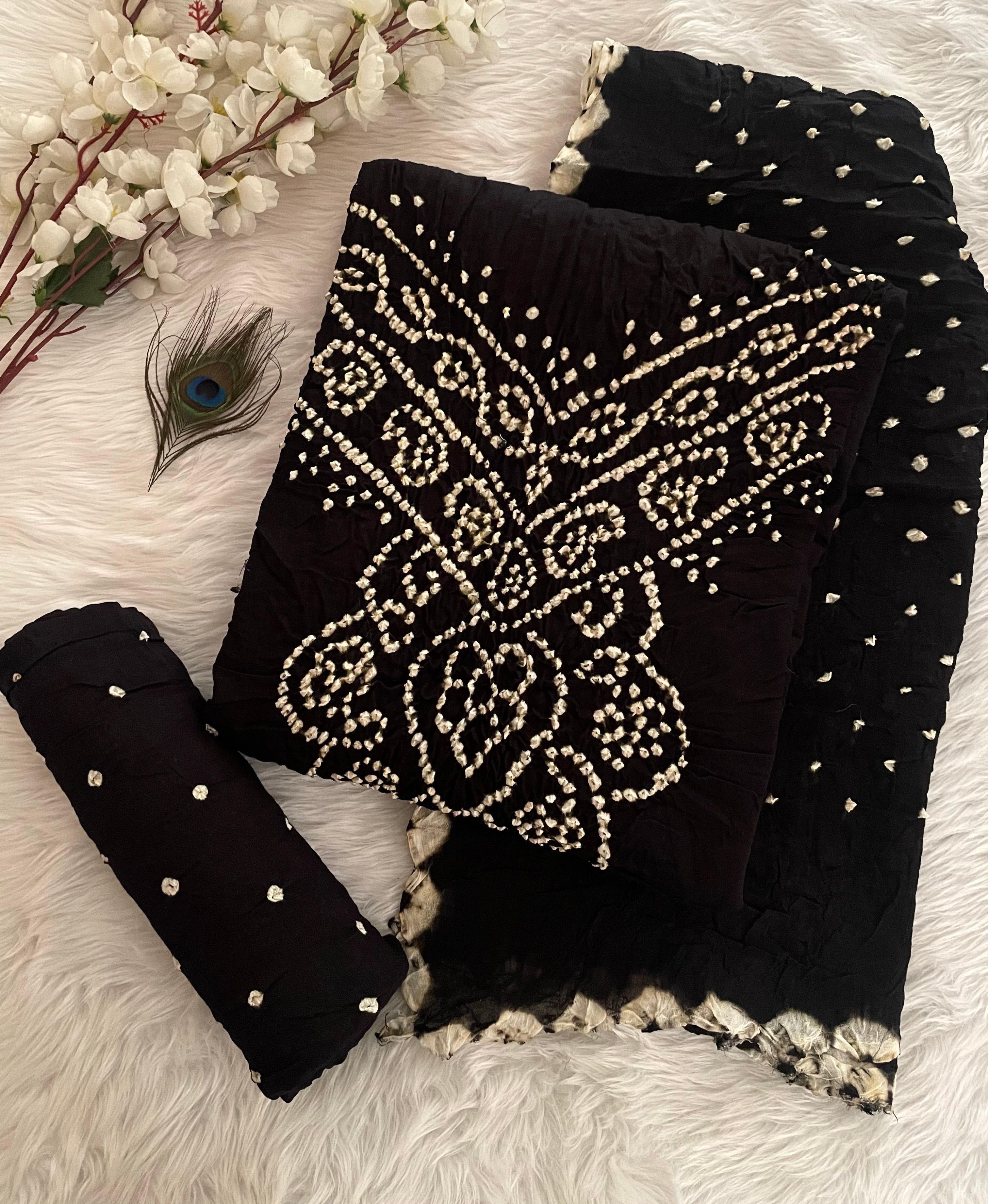 Cotton Satin Barik Bandhej work Black Bandhani Dress Material (Unstitched)